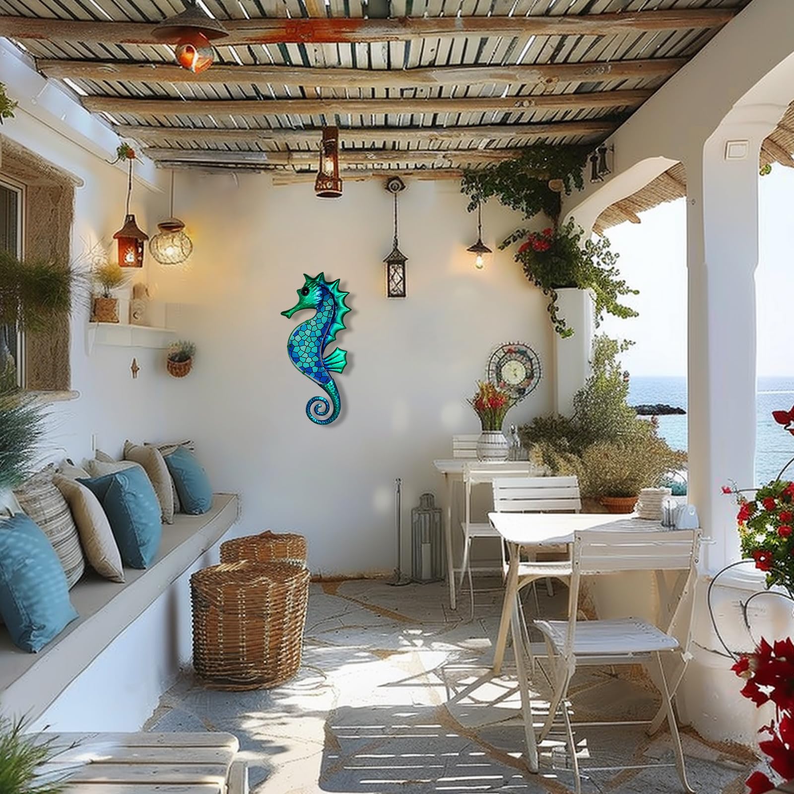 LIFFY Decoración de pared de metal con diseño de caballito de mar con mosaico de cristal, escultura costera, decoración colgante para el hogar, jardín, valla, piscina, playa, baño