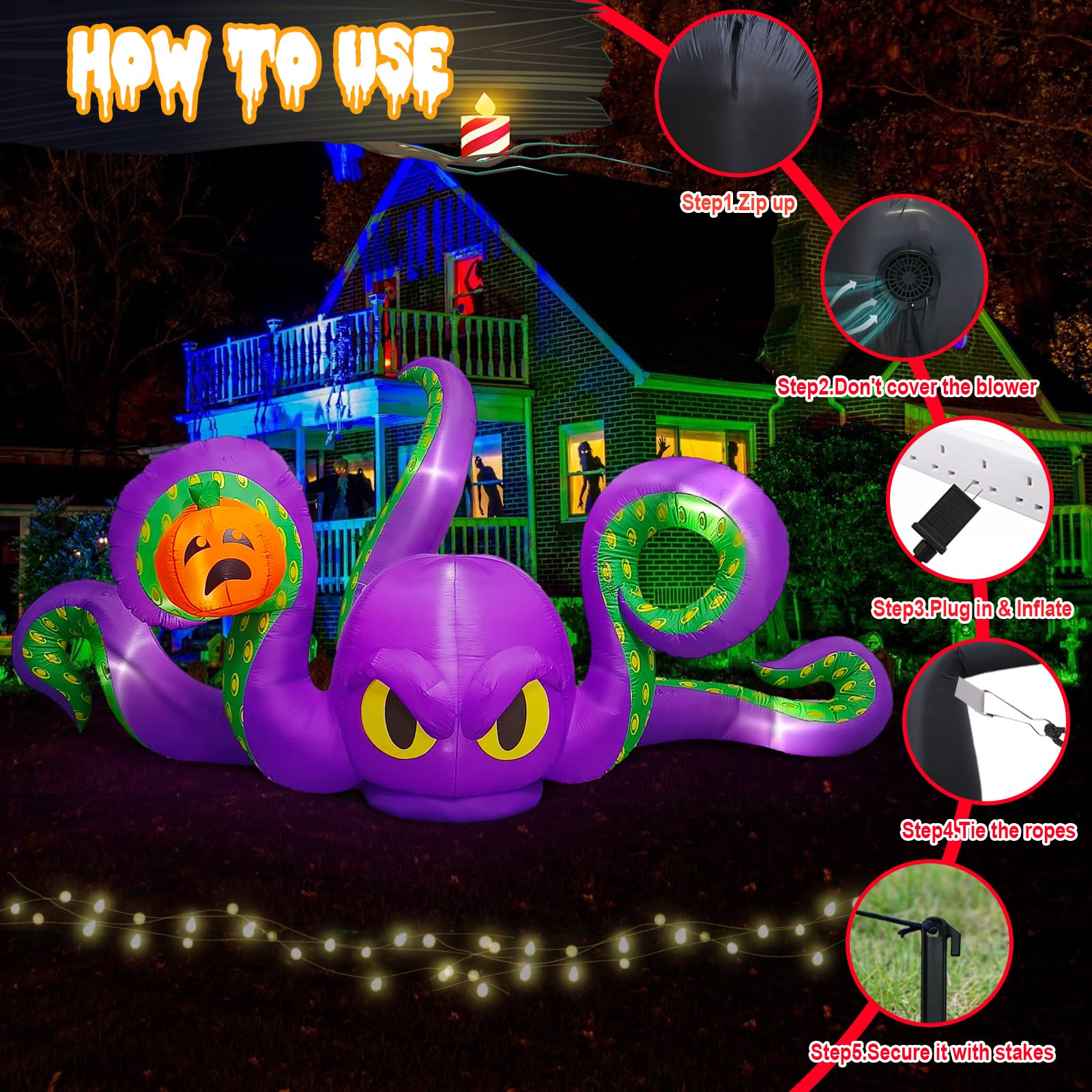 360CM Polpo Gonfiabile Halloween, con 7 luci LED integrate, polpo Gonfiabile per Gonfiabile Halloween Esterno