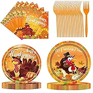96 Pcs Thanksgiving Paper Plates and Napkins Set, Disposable Turkey Plates for Fall Party Supplies & Table Decor, Serves 24