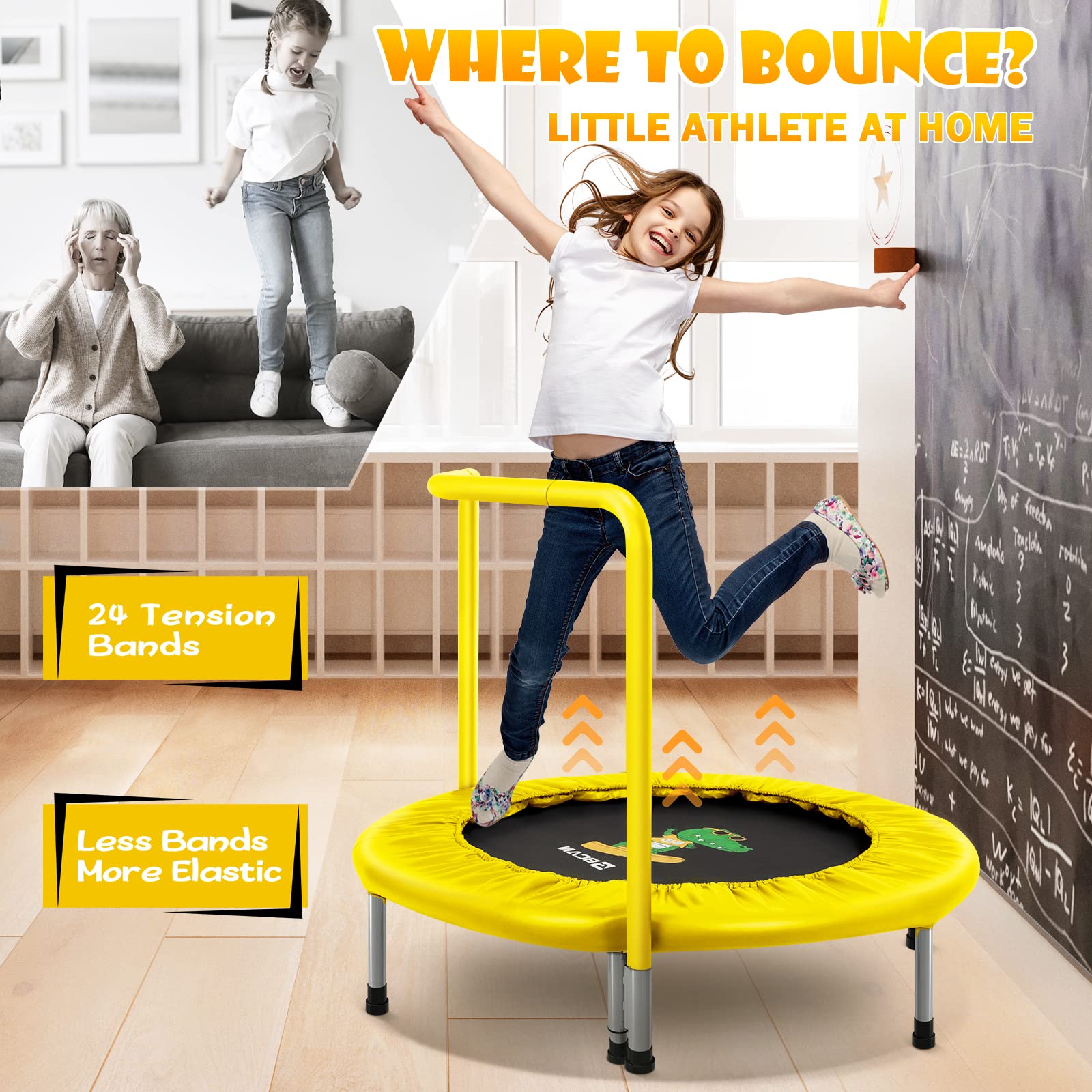 BCAN 36'' Mini Folding Ages 2 to 5 Toddler Trampoline with Handle for Kids, Two Ways to Assemble The Handle, Indoor/Garden Toddlers Trampoline with Super Safe Cover for Toddlers Yellow