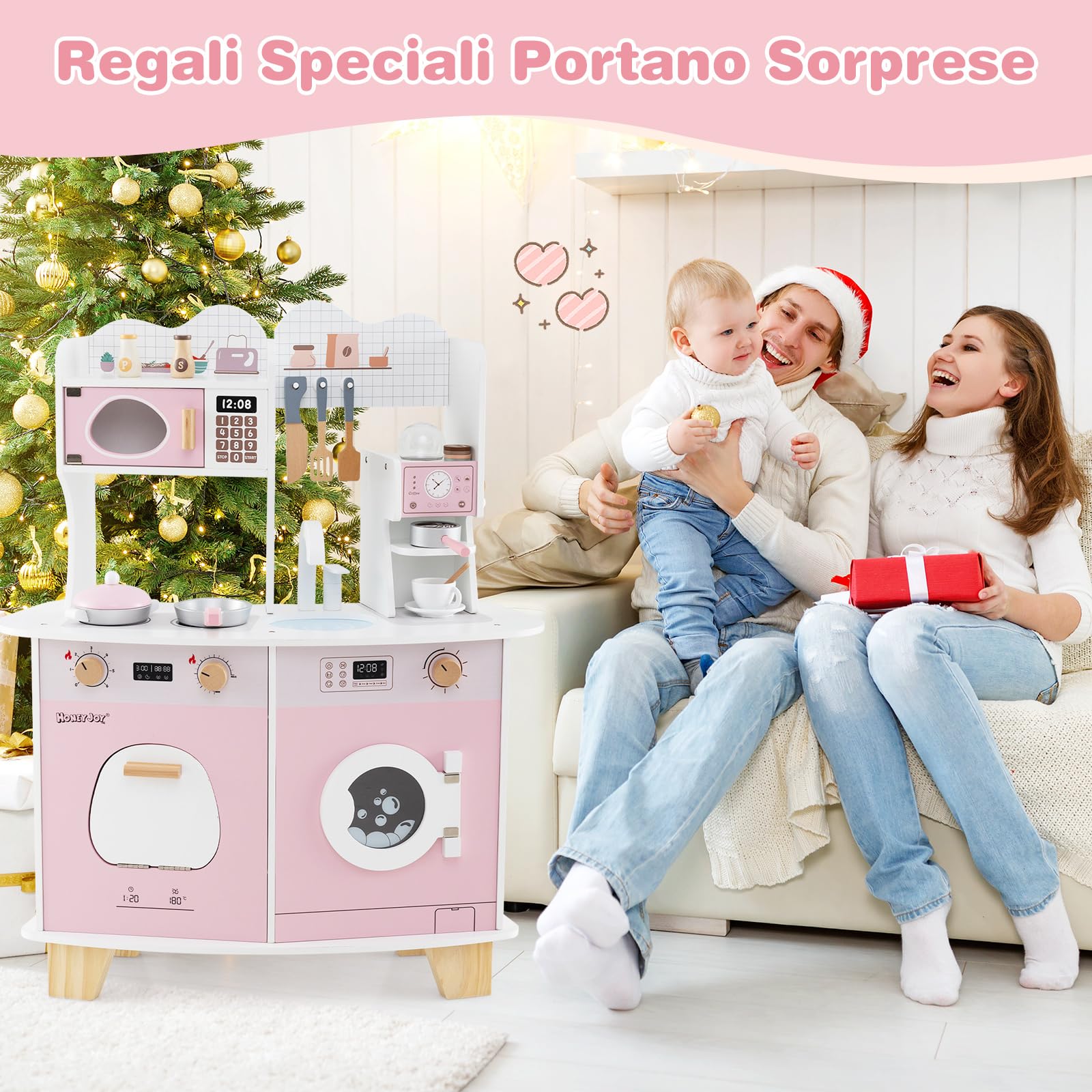 COSTWAY Cucina Giocattolo con Macchina da Caffè, Forno e Lavatrice, Cucina per Bambini in Legno con Microonde e Lavandino, Set Cucina con 13 Accessori, 70 x 30 x 88 cm, per Bambini 3+ Anni