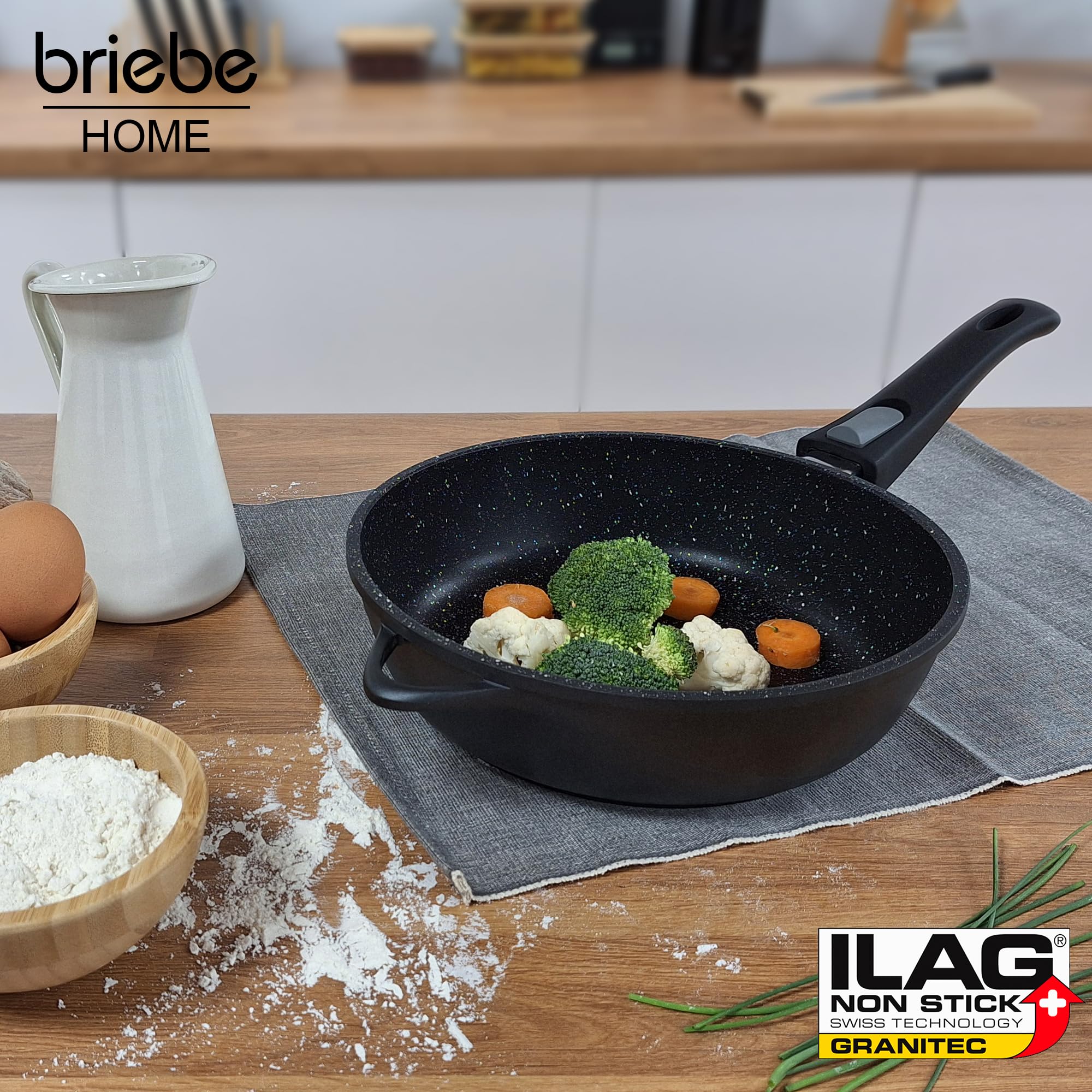briebe Zestaw 2 patelni indukcyjnych nieprzywierających, zdejmowany uchwyt 24/28 cm, odlew aluminiowy, ILAG GRANITEC bez PFOA, szklane pokrywki, płyta ceramiczna, gaz, piekarnik, MGK-19S