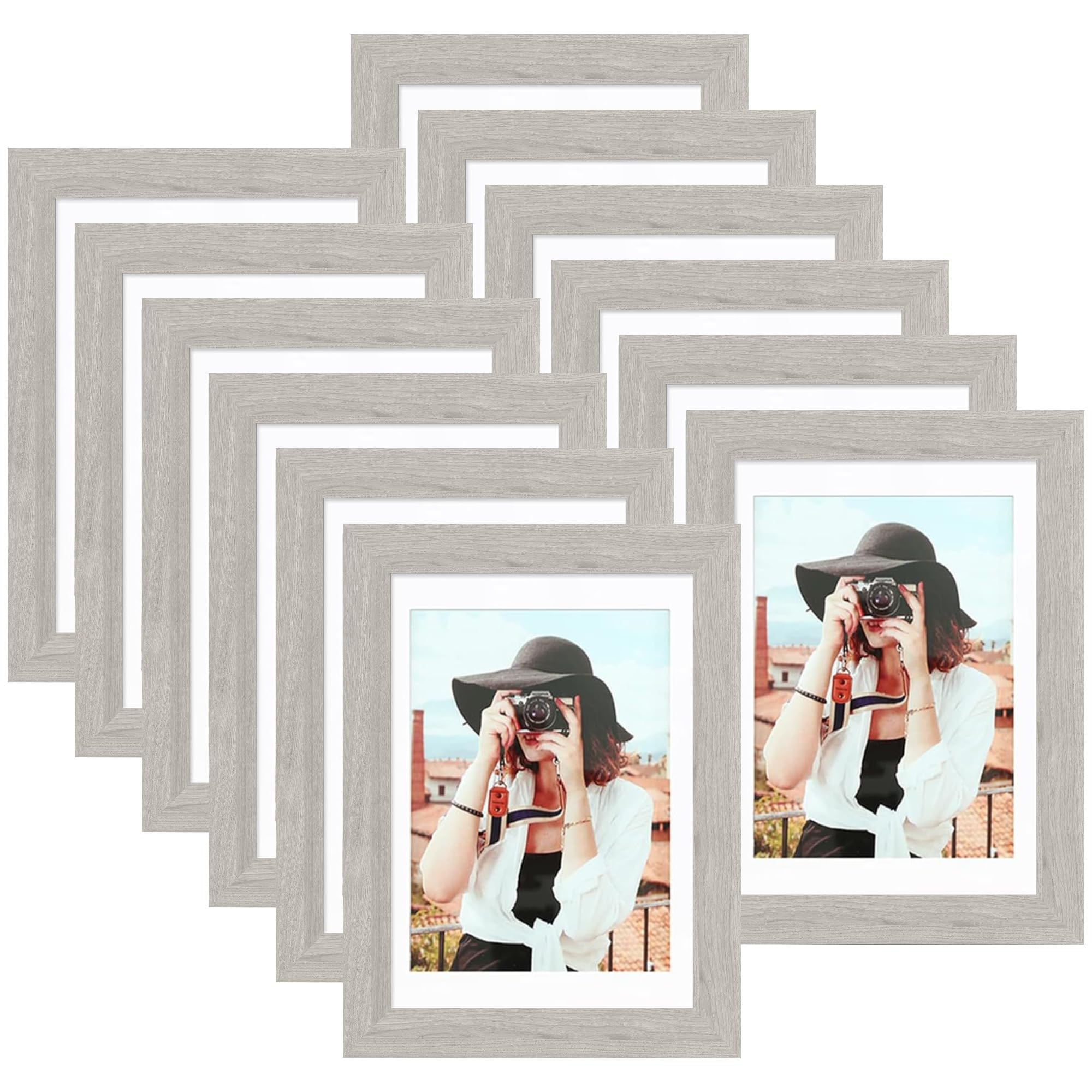 Picrit 5x7 Picture Frame for Wall Mounting or Table Top Display, Set of 12, Display 4x6 with Mat or 5x7 without Mat, Gray