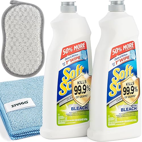 2 Soft Scrubb with bleach cleanser, 36 Fl Oz. (Pack of 2) with 1 Microfiber TOWEL + 1 Duvilo Dual-Sided Scrubbing SPONGE