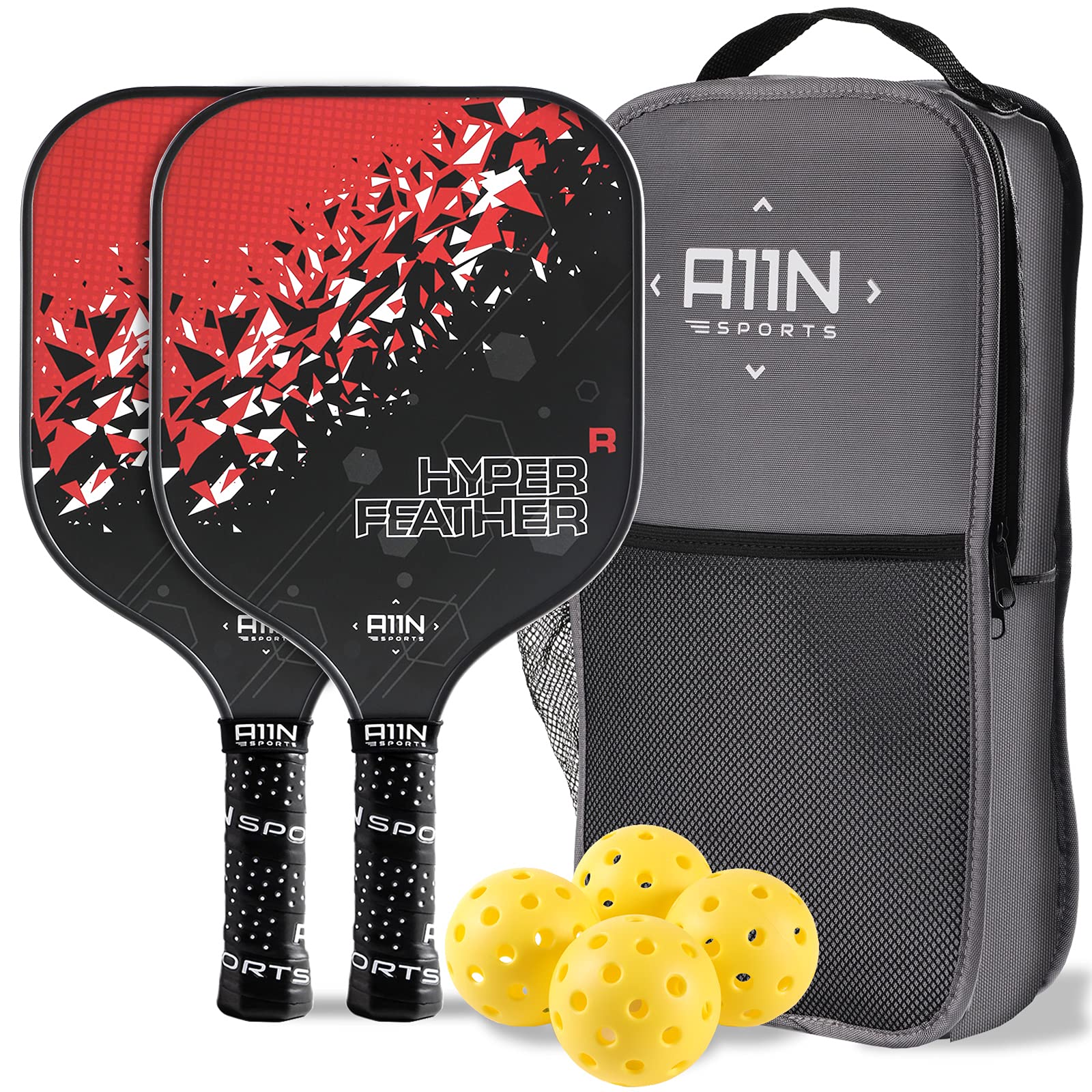 A11N SPORTS HyperFeather R Pickleball Paddles, Set of 2 Rackets with 4 Outdoor Balls and 1 Backpack, Black/Red