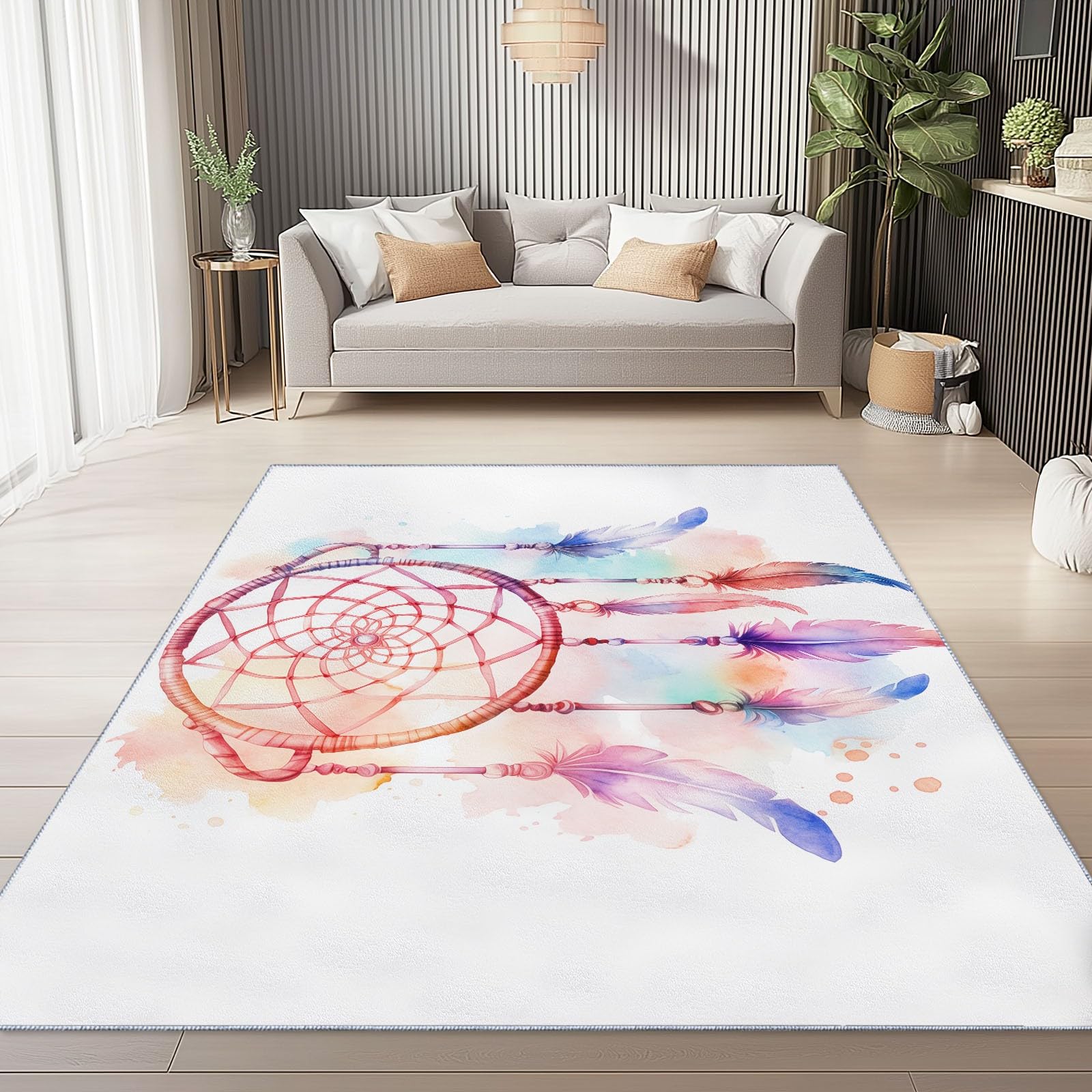 80 x 150 cm Teppich für Wohnzimmer – Kurzflor, Extra Weich & Pflegeleicht, Rechteckiger Teppich mit Aquarell-Traumfänger, geeignet für Schlafzimmer Küche Esszimmer & Kinderzimmer, Weiß