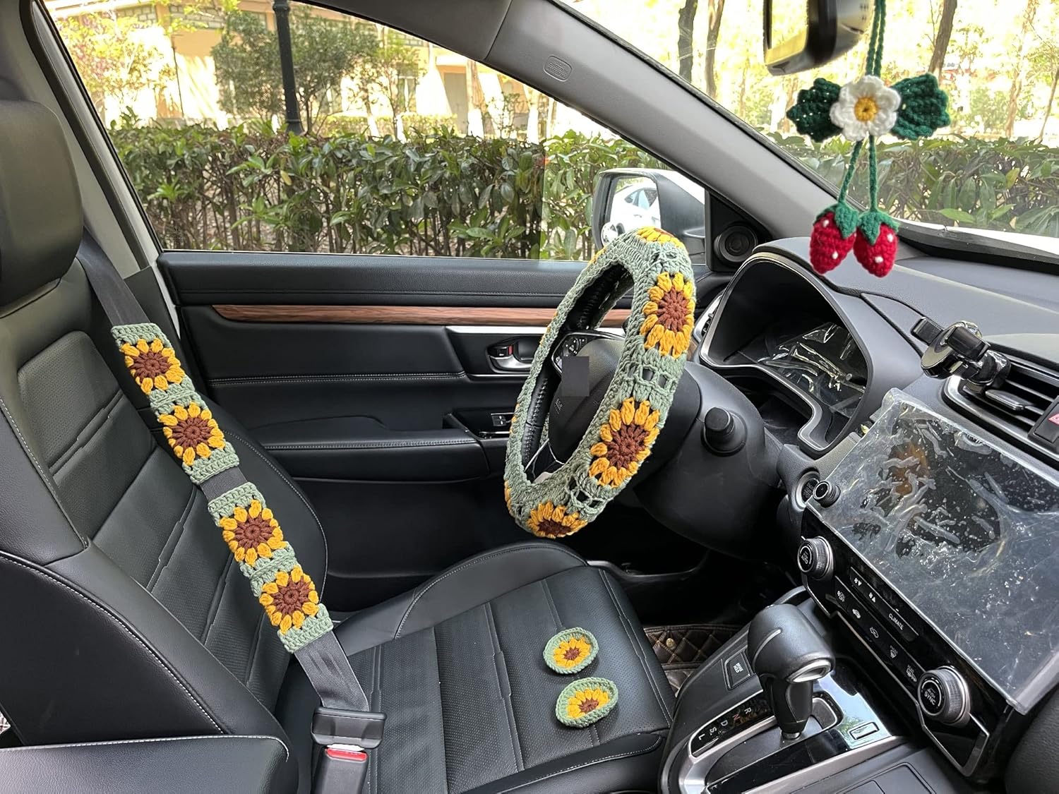 Handmade Crochet Sunflower Flower Car Steering Wheel Covers Universal 14-15 inch for Women and Men (Wheel Covers+2belt Covers+2Car Coasters+Strawberry)