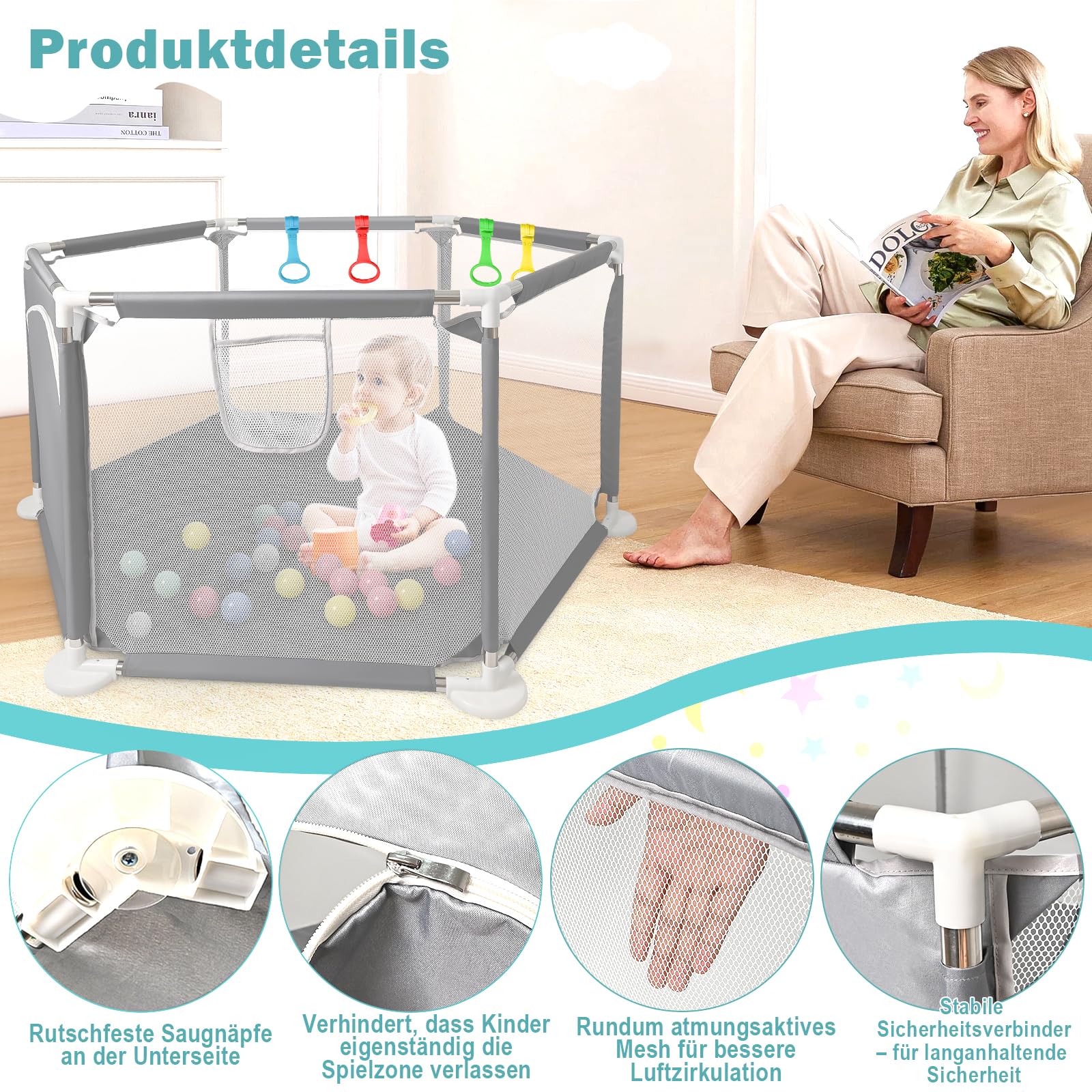 CHOLY Baby Laufstall für Babys und Kleinkinder, stabiler sechseckiger Laufstall mit atmungsaktivem Netz, Aktivitätszaun für Kinder für drinnen und draußen mit Reisetasche (Hellgrau)