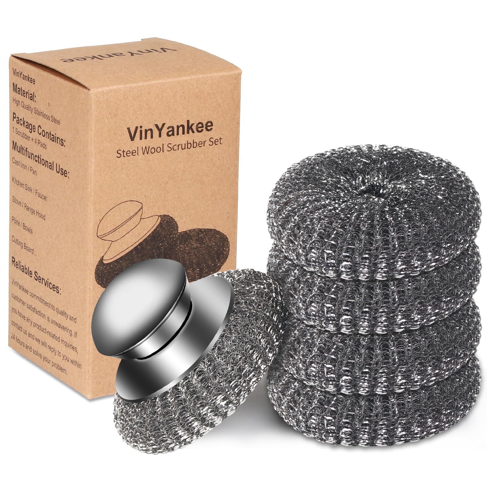 Photo 1 of 5Pcs Steel Wool Scrubber with Replacement Wire Sponge Pads Set, Stainless Steel Scrubber with Handle for Scouring Stubborn Messes from Cast Iron, Pots, Pans, Grill, Stoves, Sink(1 Scrubber+4 Pads)
