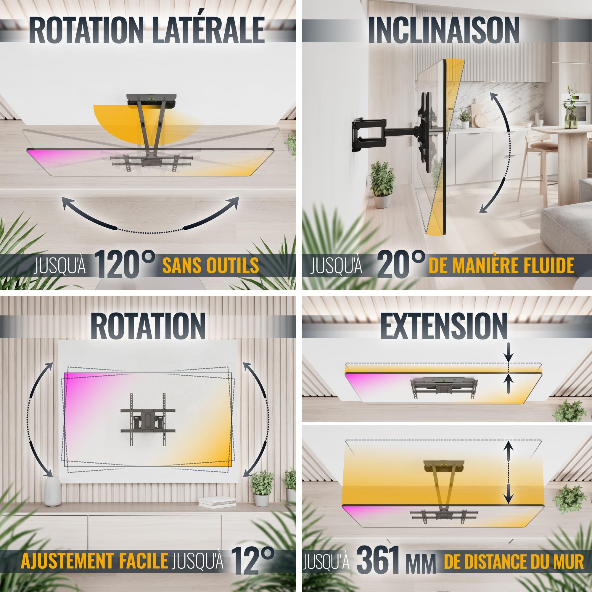 RICOO S7244 Support Mural TV 40 42 43 48 50 55 58 60 65 Pouces VESA 200x200 à VESA 400x400 Orientable Inclinable Rotatif Universel Fixation Murale TV