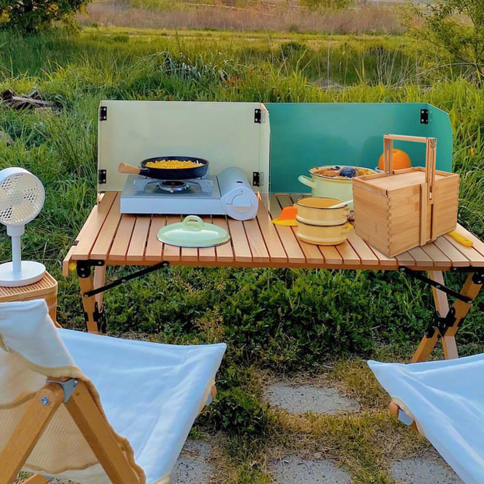 MAGICLULU Cesta de Bambú Tejida a Mano Asa Ajustable y Diseño Sencillo, Caja de Almacenamiento para Picnic y Uso Doméstico, Material Madera Duradero Color Caqui