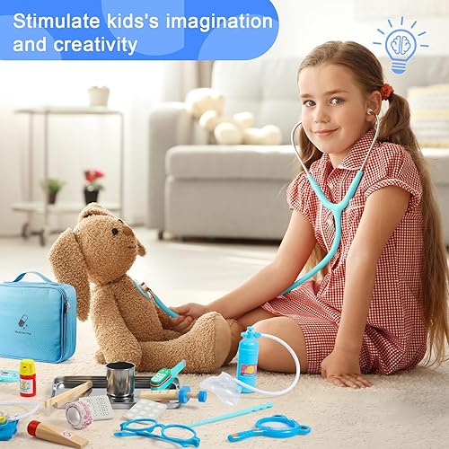 Miniatura 7 de Aanxufa Kit médico realista para niños, juguetes médicos educativos con estetoscopio real y bolsa médica lavable, superar el miedo al tratamiento