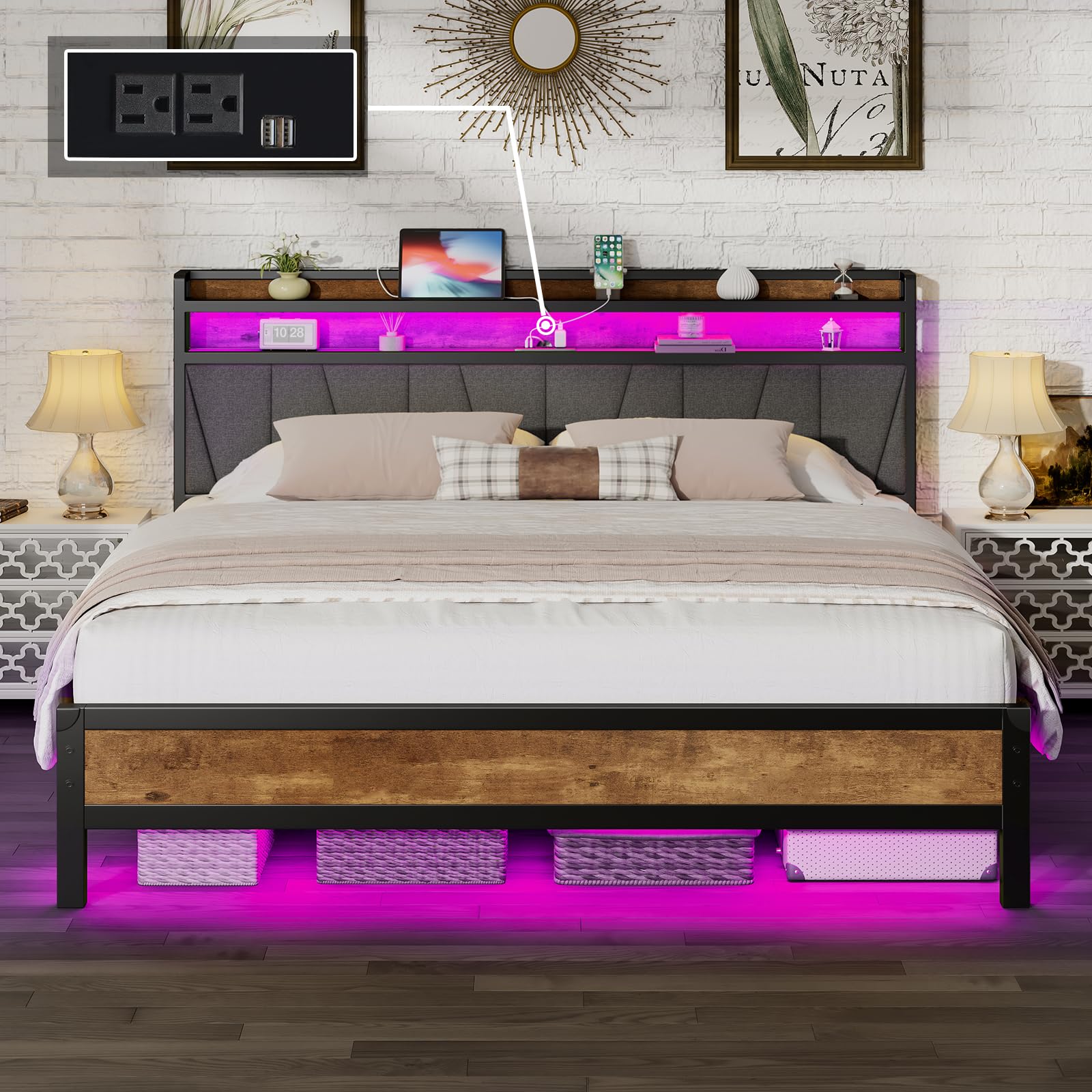 LUXOAK King Size Bed Frame with RGBW LED Lights & Charging Station, Linen Upholstered Headboard with 2-Tier Storage, Stable Metal Platform, Easy