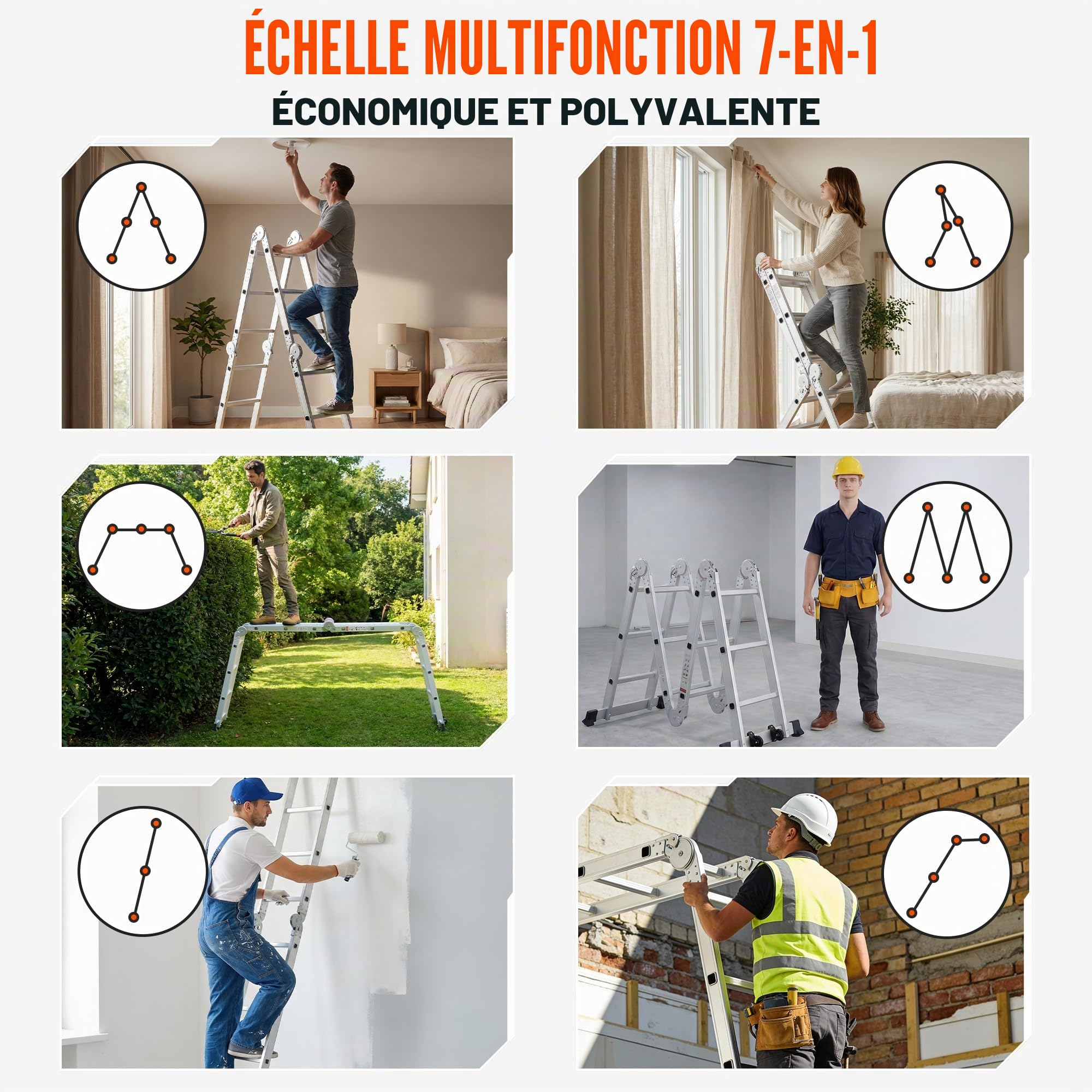 TEENO Échelle Multifonction 7 en 1, 3.6 M, 4x3 marches, Échelle Pliante en Aluminium avec 2 Plateformes, Pieds en Caoutchouc, 2 Roues Amovibles, 12 échelons, Charge Max 150 kg, Argenté