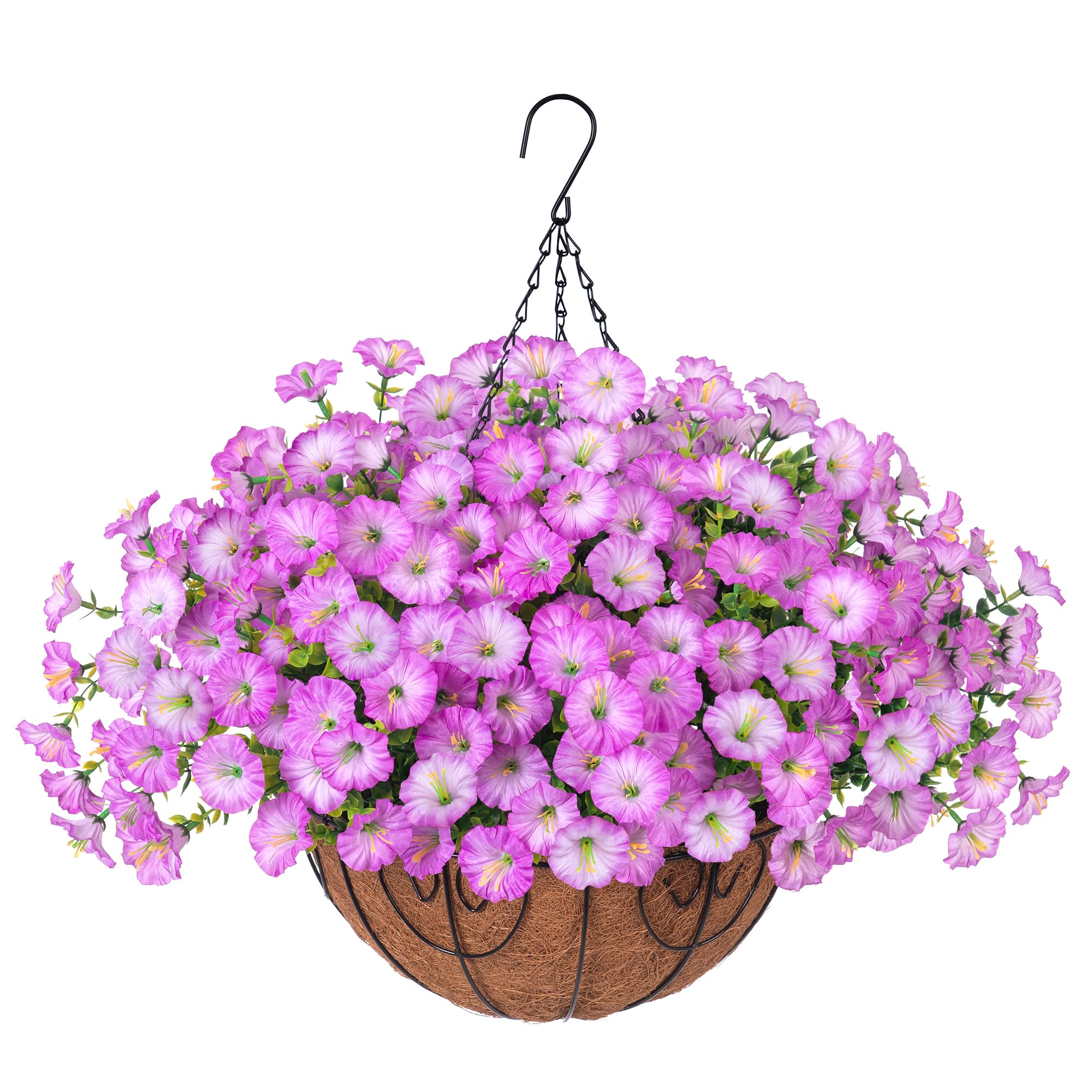 Artificial Faux Hanging Plants Flowers Basket for Outdoor Outside Spring Summer Decoration, Silk Purple Morning Glory in Planter UV Resistant Look