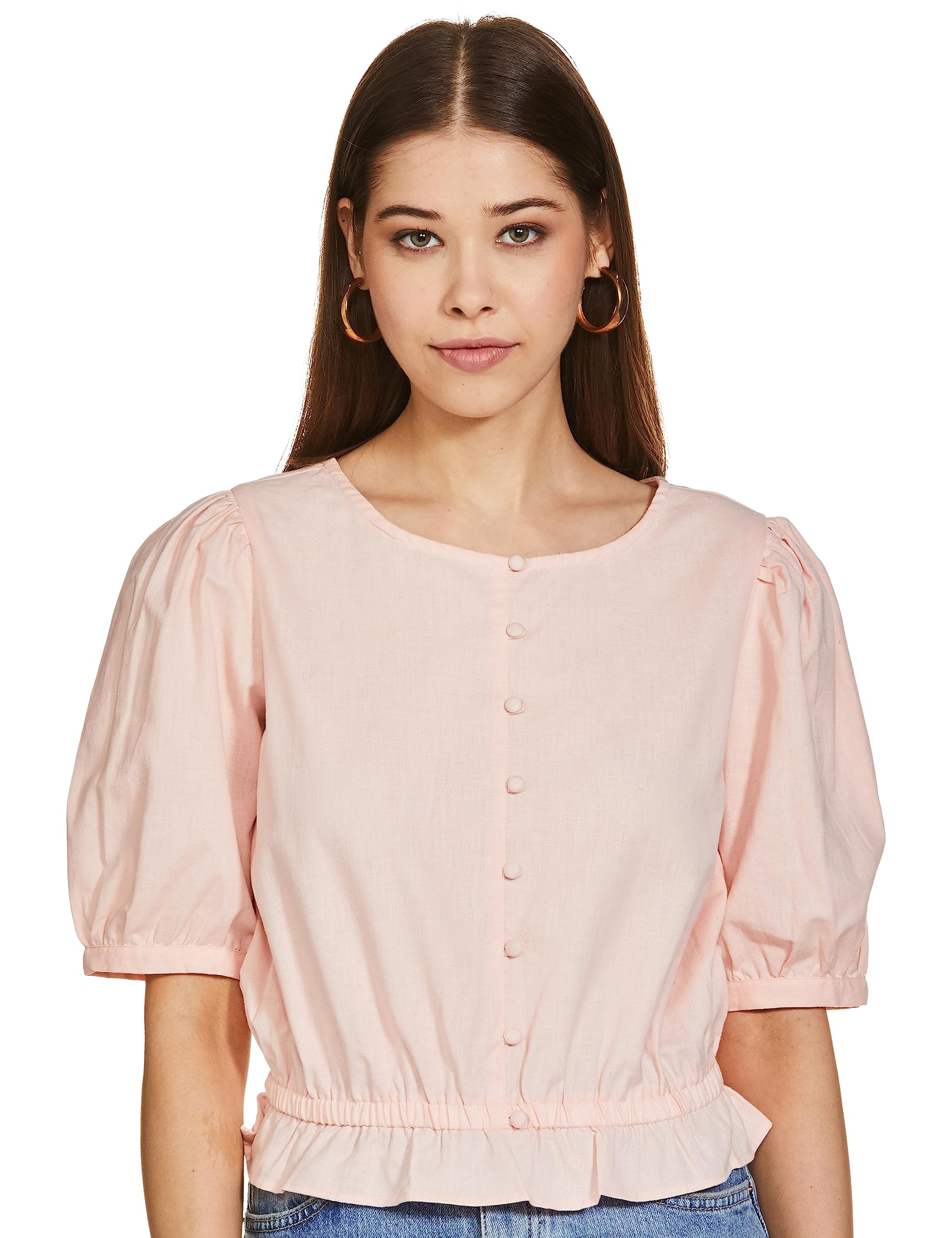 Amazon Brand - Eden & IvyWomen's Cotton Flax Half Sleeve Round-Neck Regular Fit Peplum Top