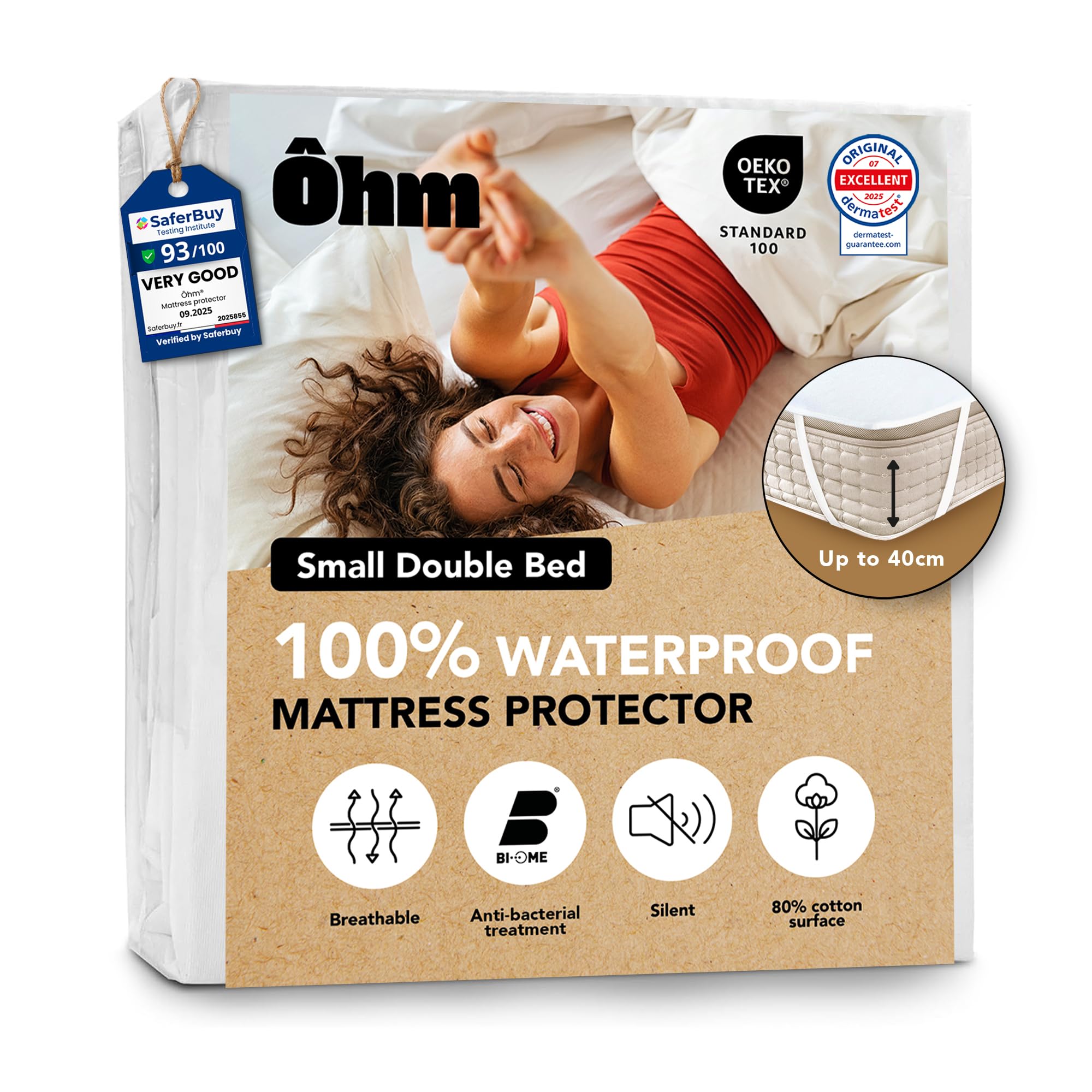Waterproof Mattress Protector | Small Double Bed 120x190 cm | Hypoallergenic & Absorbent Cotton | 4 Corner Straps | Noise-free | Anti-Dust Mite | Fits up to 40 cm Deep | OEKO-TEX Certified | Ôhm
