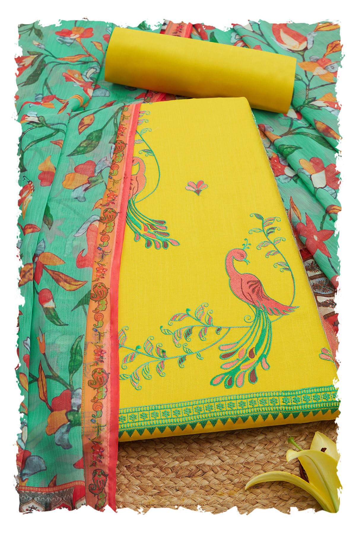 soch Womens Yellow Cotton Embroidered Unstitch Dress Material With Thread Work-picture-13