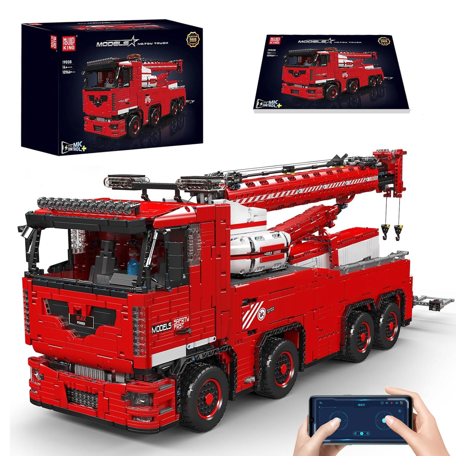 Mould King 19008 Technik Ferngesteuert Abschleppwagen, 10966 Teile 2.4Ghz RC Tow Truck mit 19 Motoren, Technik Groß Kran LKW Bausteine Modell