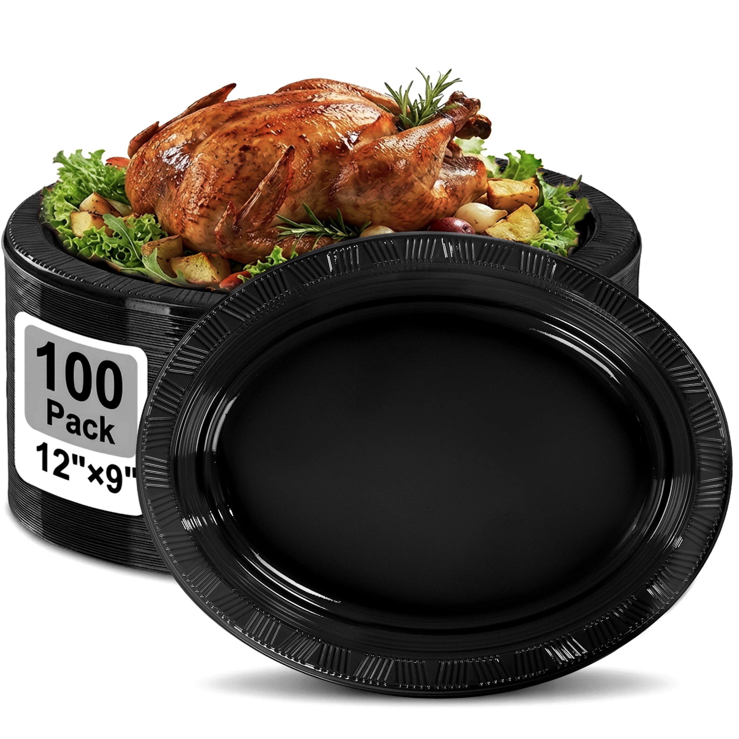 Photo 1 of 100pcs Black 12 Inch Oval Plastic Plates, Disposable Heavy Duty Oval Serving Platters, Large Plastic Oval Dinner Plates for Wedding, Anniversary, Dinner Party, Catering, BBQ & Holiday Gatherings