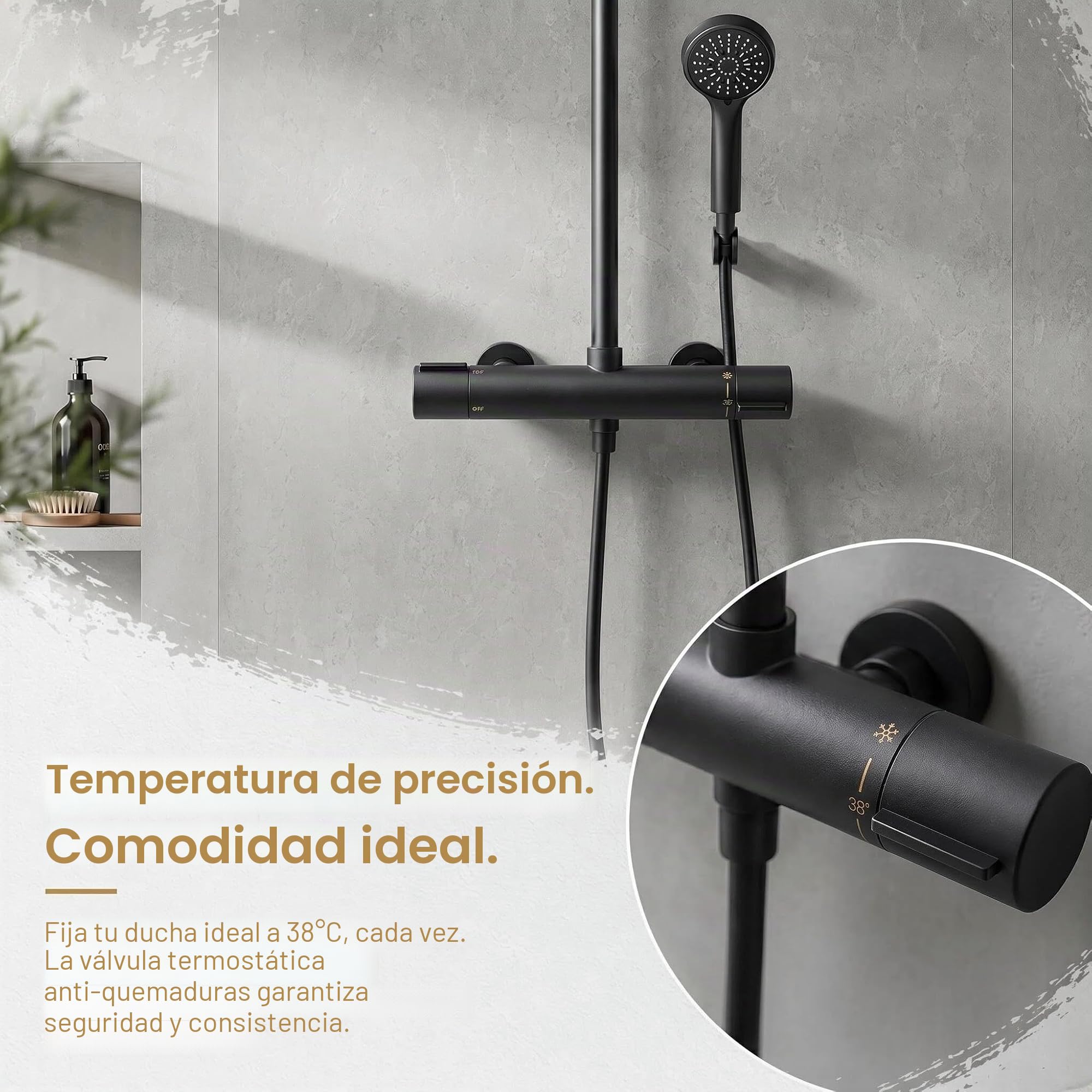 Grifos de Ducha Termostáticos 38 ℃ Termostato de Ducha de Bañera Negro Inferior G 1/2 "Superior 3/4"BSP Grifo de Ducha de dos Salidas Grifo de Ducha Termostático Cromado de Latón