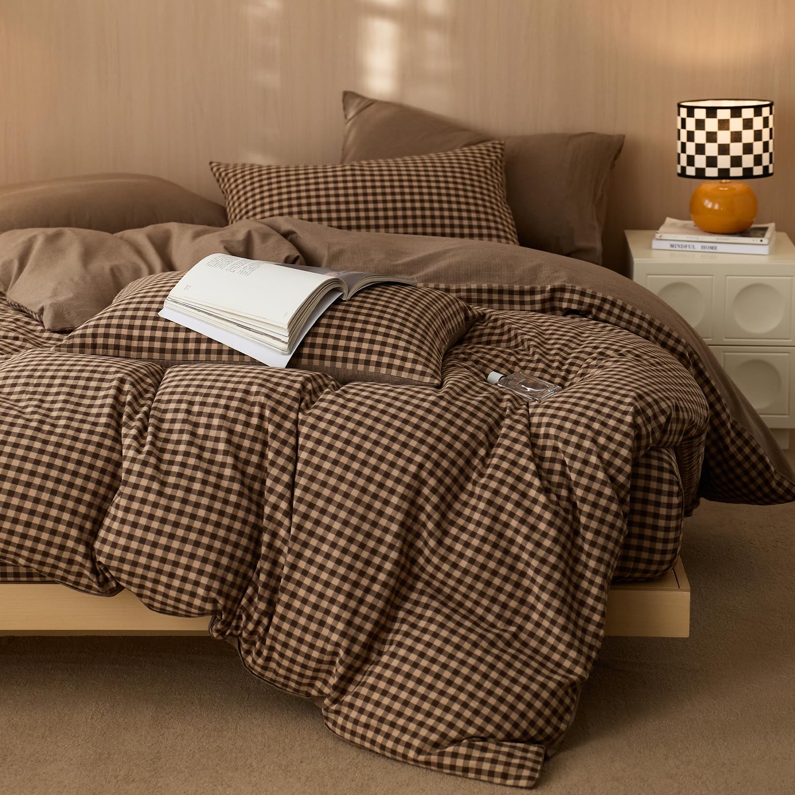 EAVD Vintage Brown Gingham Plaid Duvet Cover Set Full 100% Washed Cotton