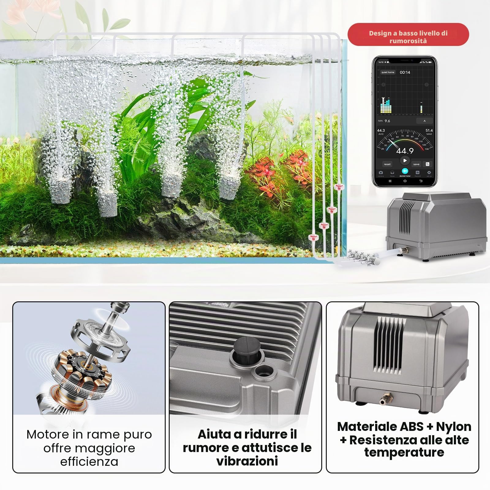 hygger Aeratore per Acquario,10W Ossigenatore per Acquario,870 LPH Powerful 4 Outlets Fish Tank Air Pump Up to 2200L Aquariums