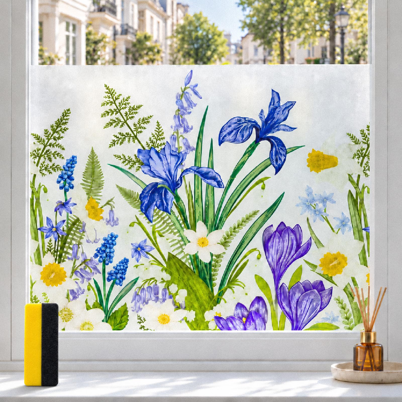 Stained Glass Window Film Privacy, Iris Floral Frosted Film 44.5×200cm
