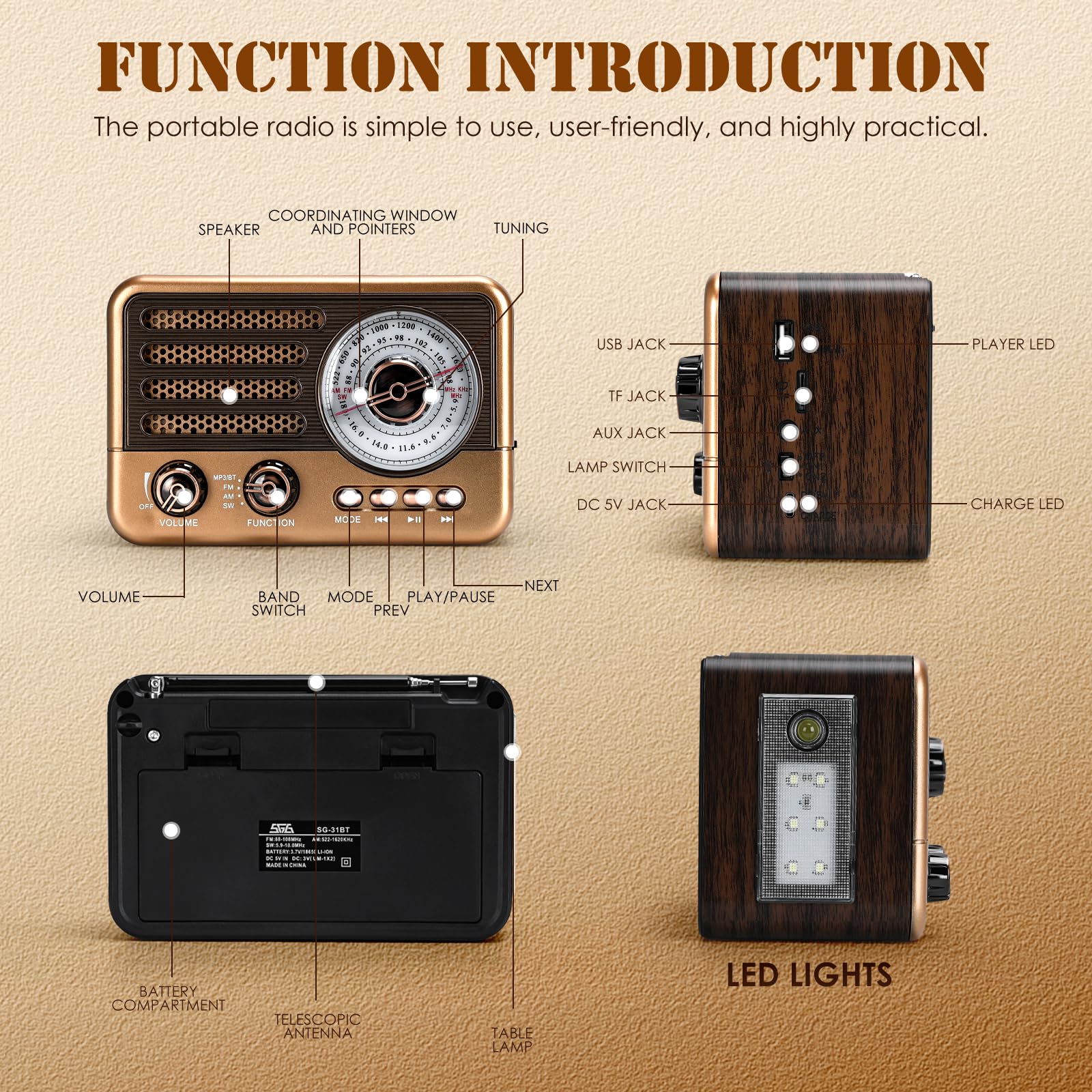 3-Band tragbares Radio mit Bluetooth, MP3-Player, USB/TF-Wiedergabe, LED-Taschenlampe und wiederaufladbarem Akku - Handheld-Akku-betriebenes FM/AM/SW-Radio für Outdoor (Goldene)
