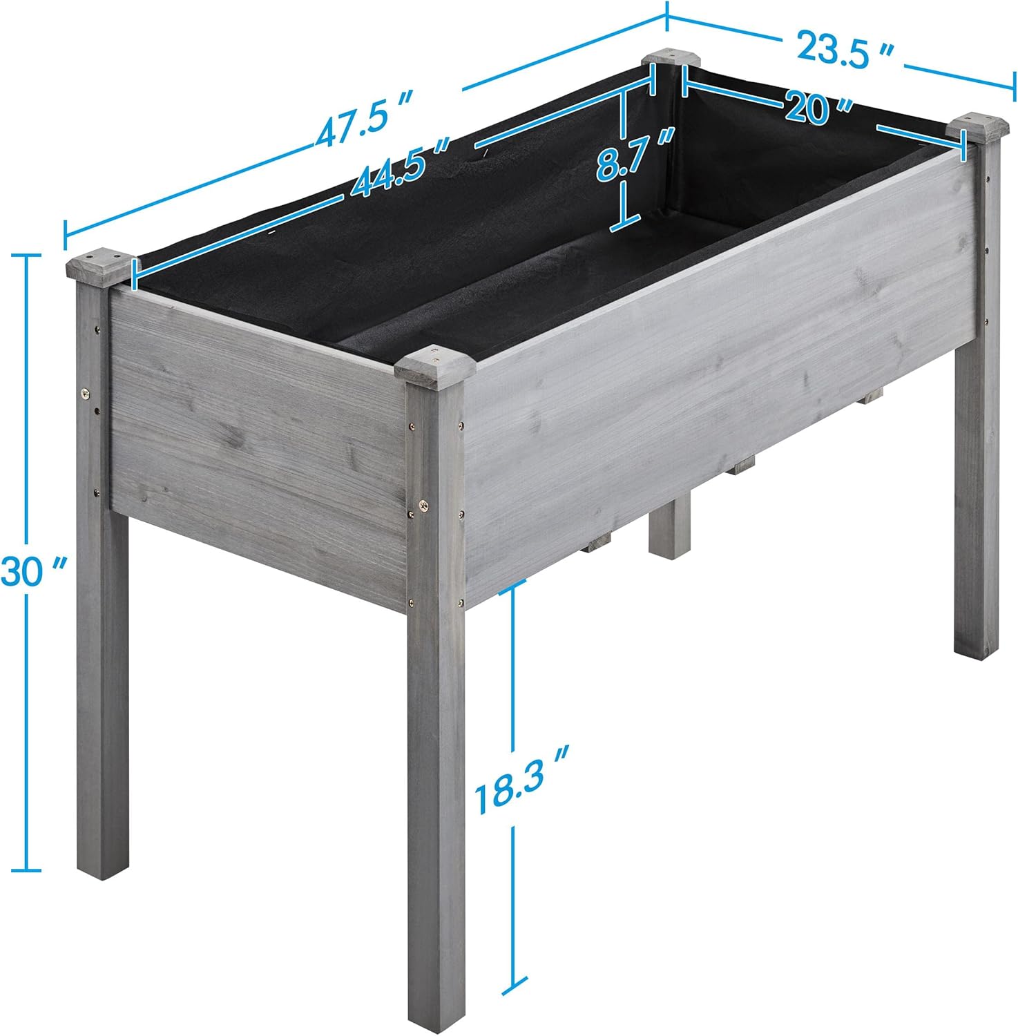 Diagram showing dimensions of the raised garden bed: 47.5 inches L, 23.5 inches W, 30 inches H.