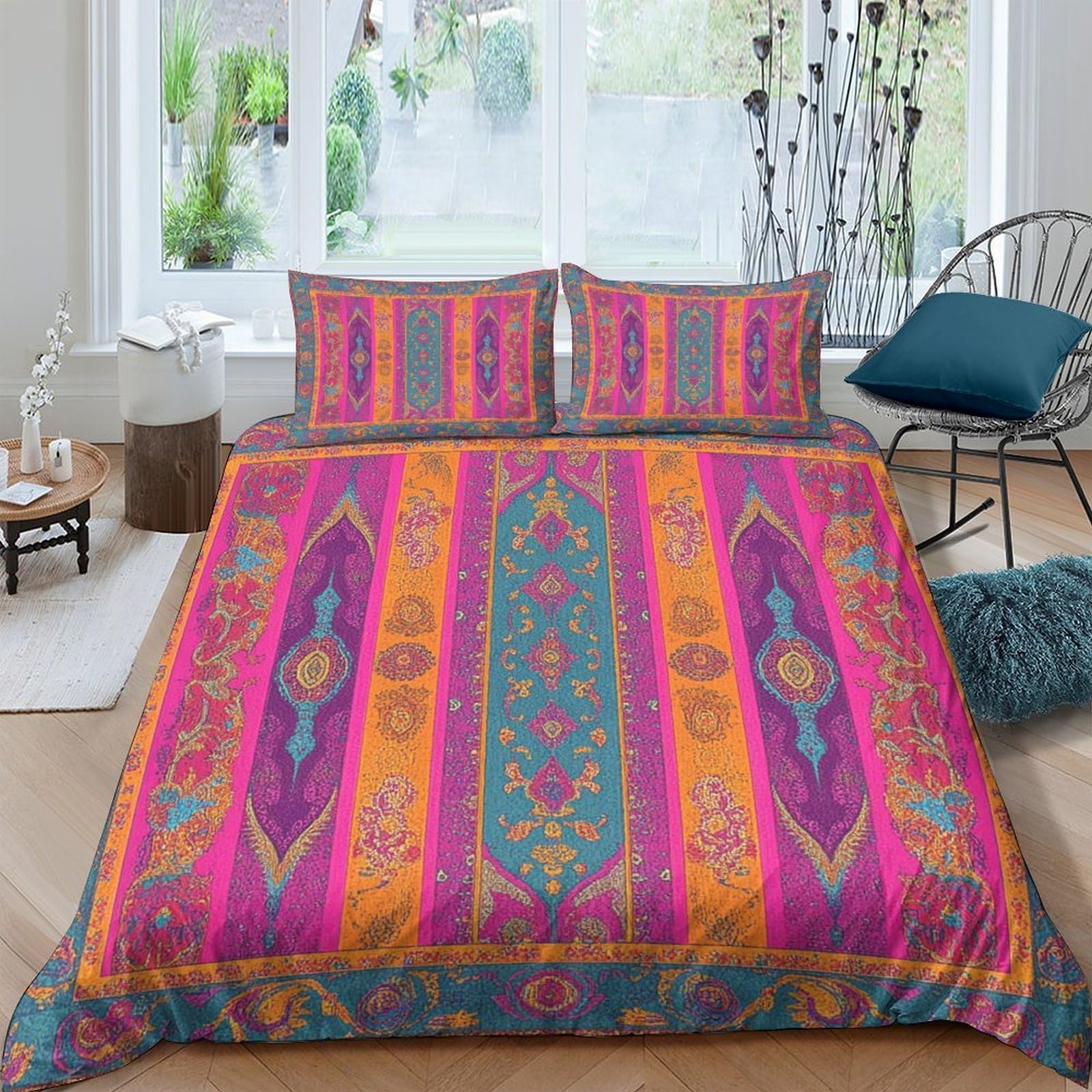 Ctjqhvkz Style-7 3D Printed Boho Tribal Fitted Sheet Microfiber Orange Pink Geometric Mattress Cover For Bedroom Dorm Decor Single（135X200cm）