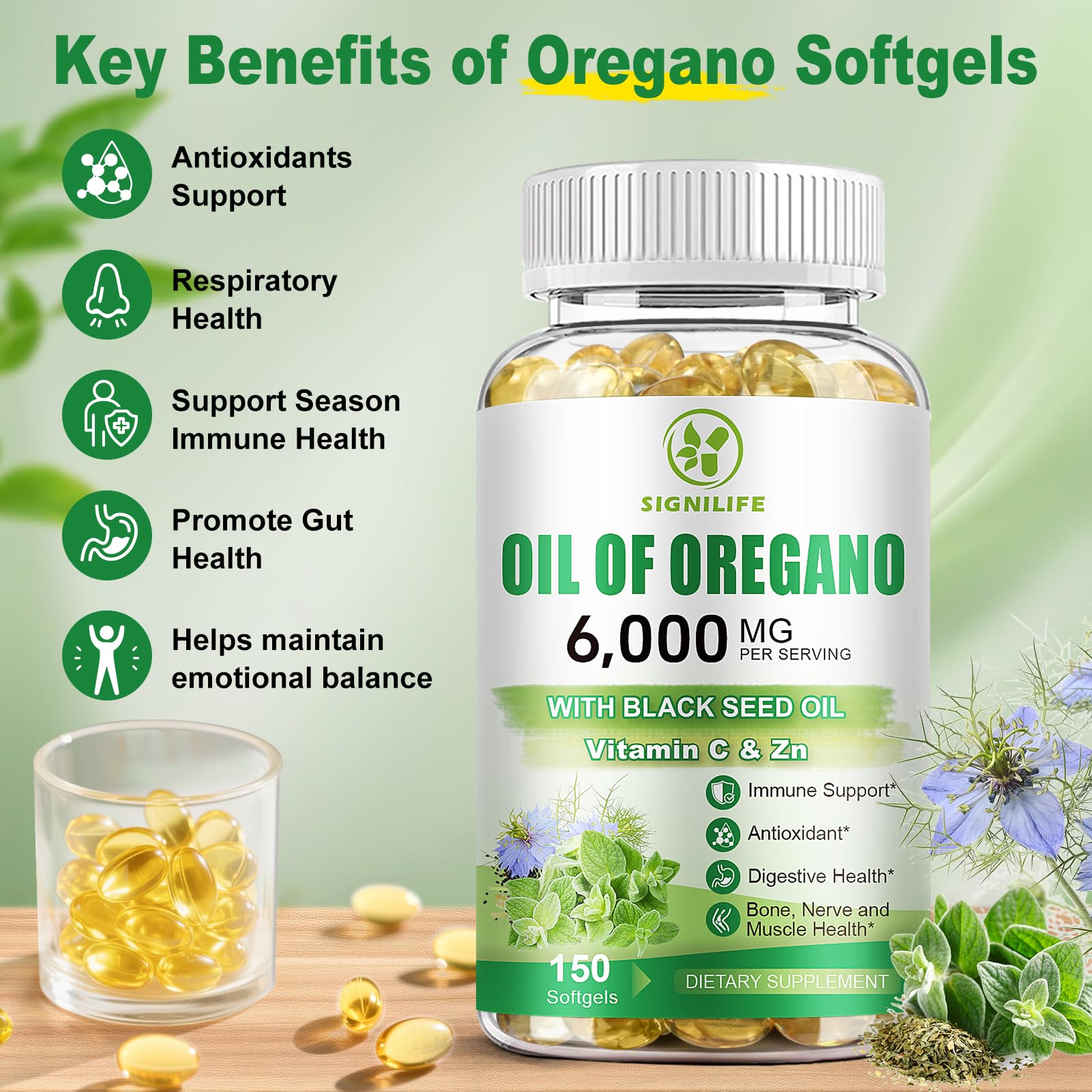 Oil of Oregano with Black Seed Oil, 6000mg/Serving, 150 Softgels — Amazon image 3