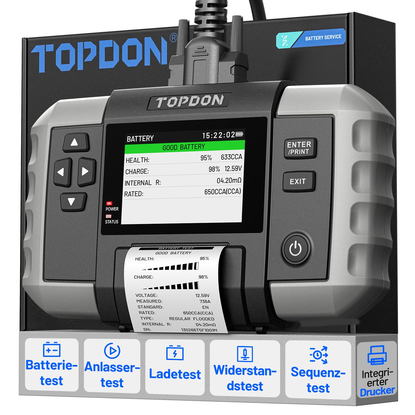 TOPDON Batterietester KFZ BT600 Plus, 6 V/12 V/24 V Batterietests, 100–2000 CCA, 12 V/24 V Starttest/Ladetest/Systemtest, Autobatterie Tester mit eingebauter Batterie und Drucker, 2 gepaarte Klemmen