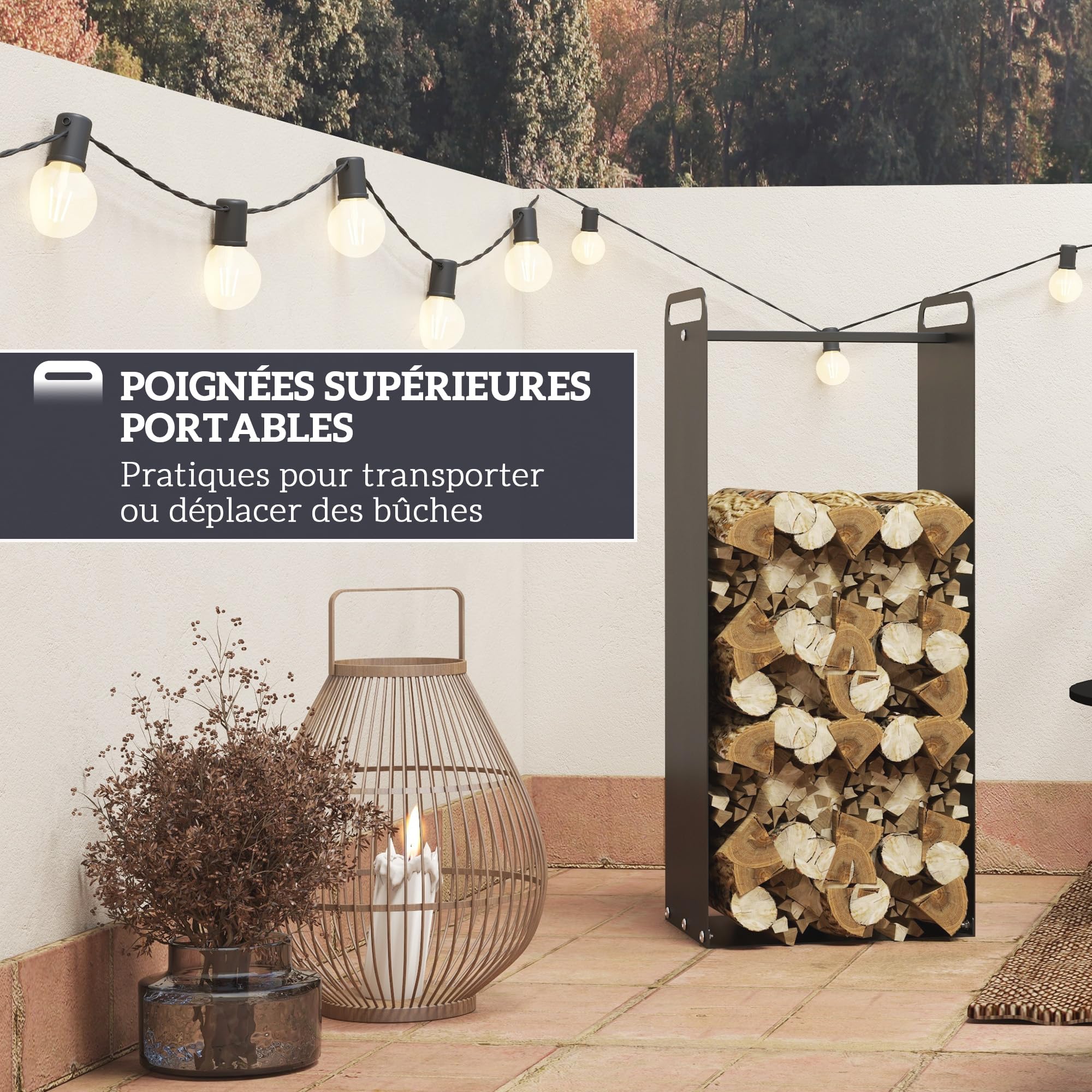 Outsunny Porte-bûches Intérieur Poignées Supérieures Acier 37x30x90cm Noir