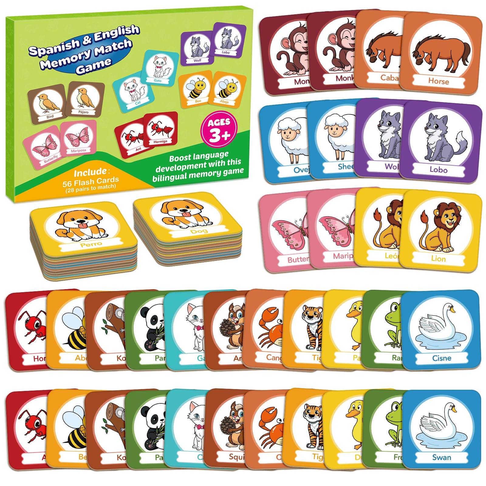 Edulok Memory Card Game, Toddler Match Game, Learn Spanish for Kids, Bilingual Flash Cards, Learning Toys for 4 Year Old, Preschool Learning