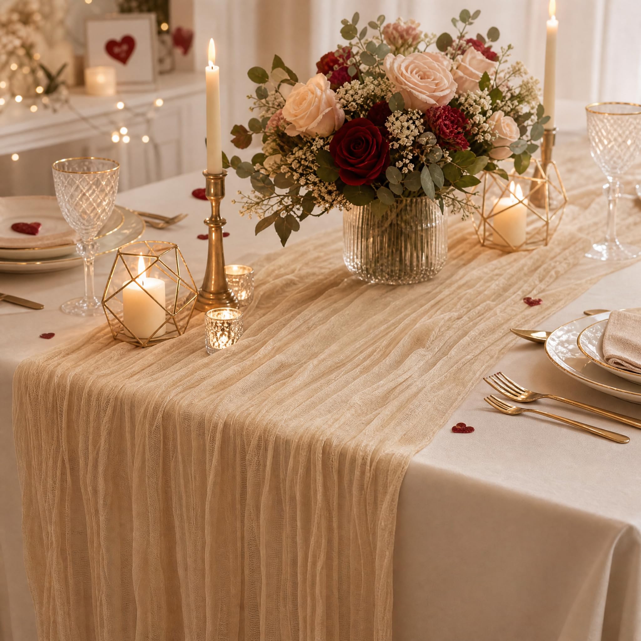 Mzbnfa Cheesecloth Table Runner Beige 90x300cm (35"x118"), Rustic Boho Gauze Fabric Table Runner for Wedding Shower Baby Shower Birthday Party Home Dining Table Decorations（Beige）