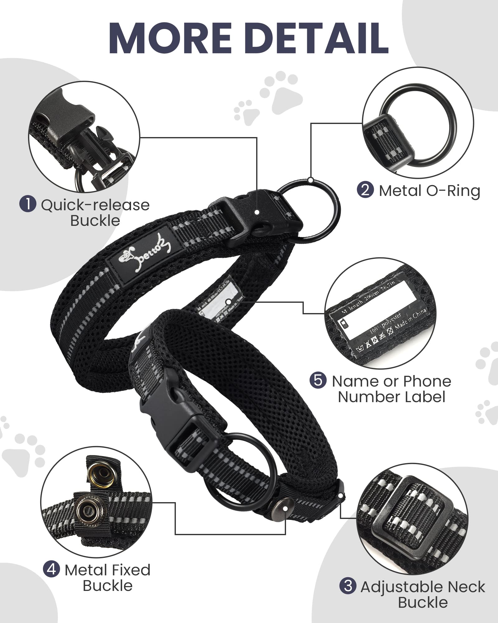 PETTOM Collare Cane Cani Cuccioli Piccola Taglia Media Grande con Targhetta Nome Riflettente Morbido Regolabile Imbottito Sicurezza Nylon Morbido Resistente Traspirante (Nero S)