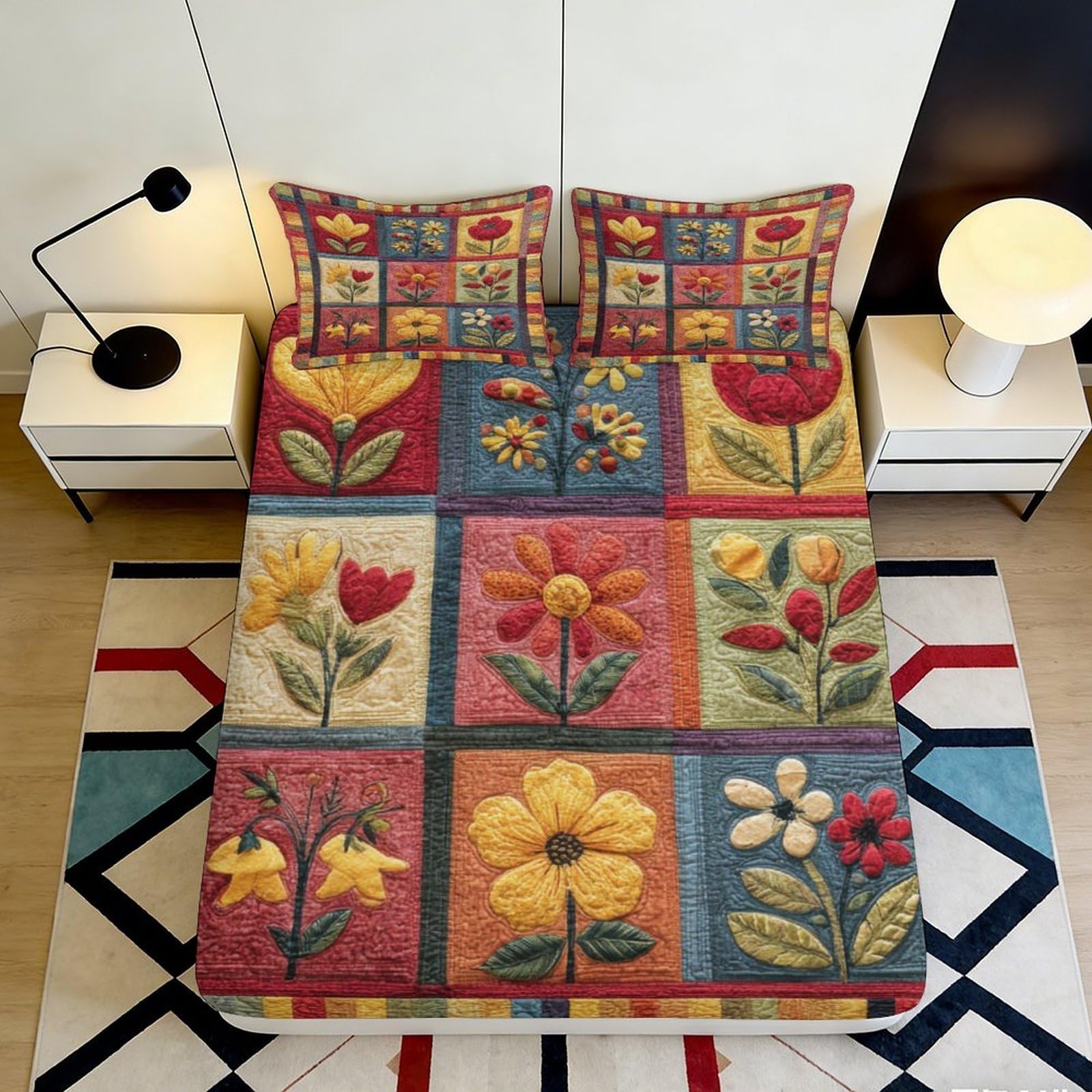 Uxinyoume Style-3 3D Printed Colorful Floral Patchwork Fitted Sheet Microfiber Bedroom Decor Sunflower Tulip Mattress Cover Anti-Slip Machine Washable 90X200x25cm