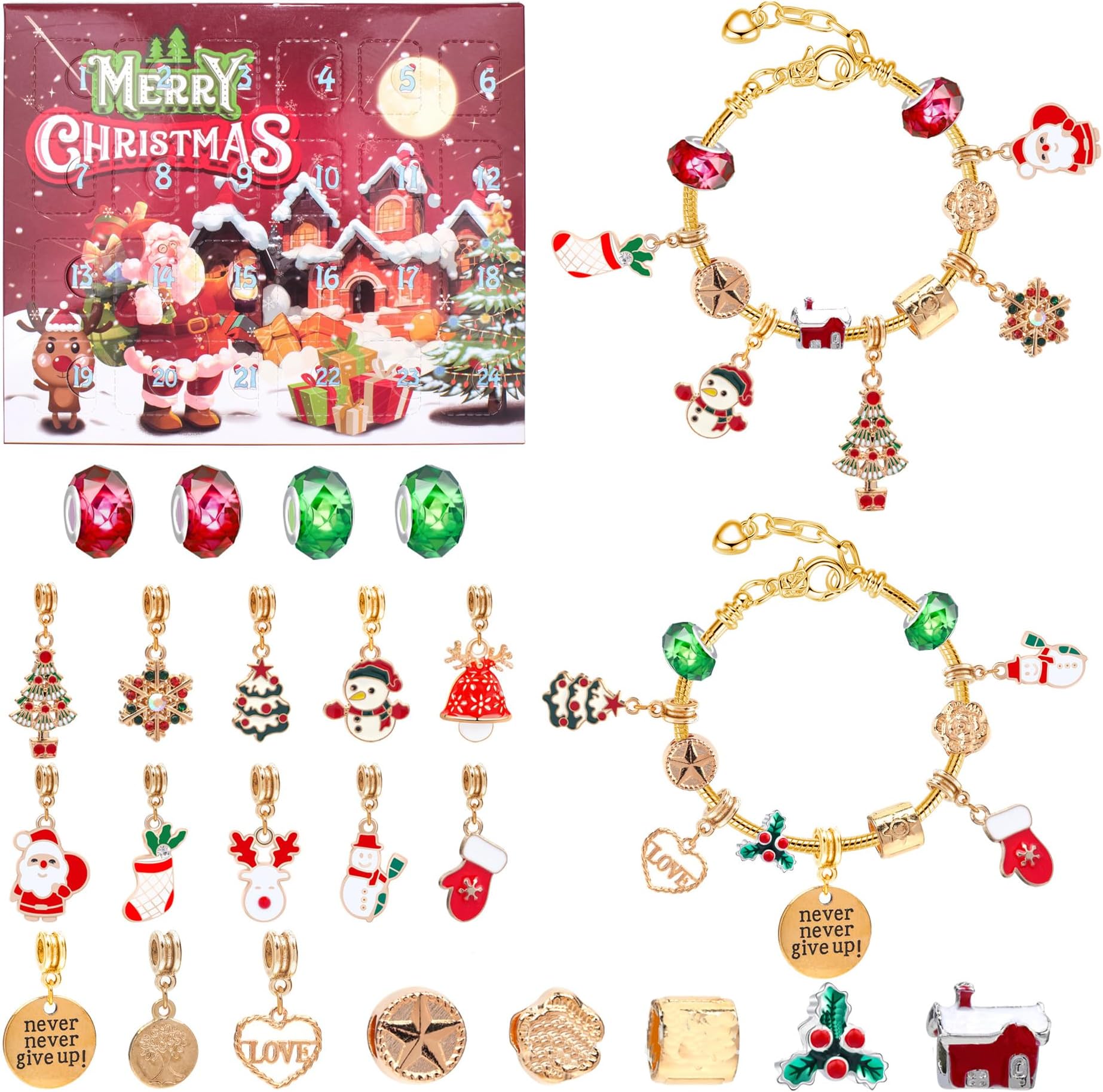 Advent Calendar for Girls Women, Christmas Charm Bracelet Gifts DIY Making Kit, 24 Days Christmas Countdown Advent Calendar for Kids Adult
