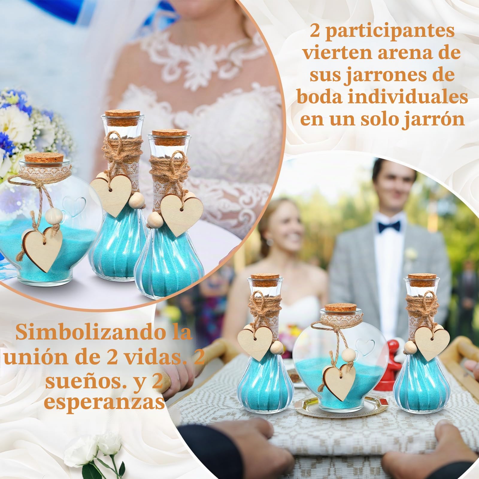 Layhit El juego de ceremonia de arena de Unity incluye 3 jarrones decorativos con mangas de arpillera y encaje y cuerda de cáñamo de madera, kit de ceremonia personalizado para centro de mesa de boda