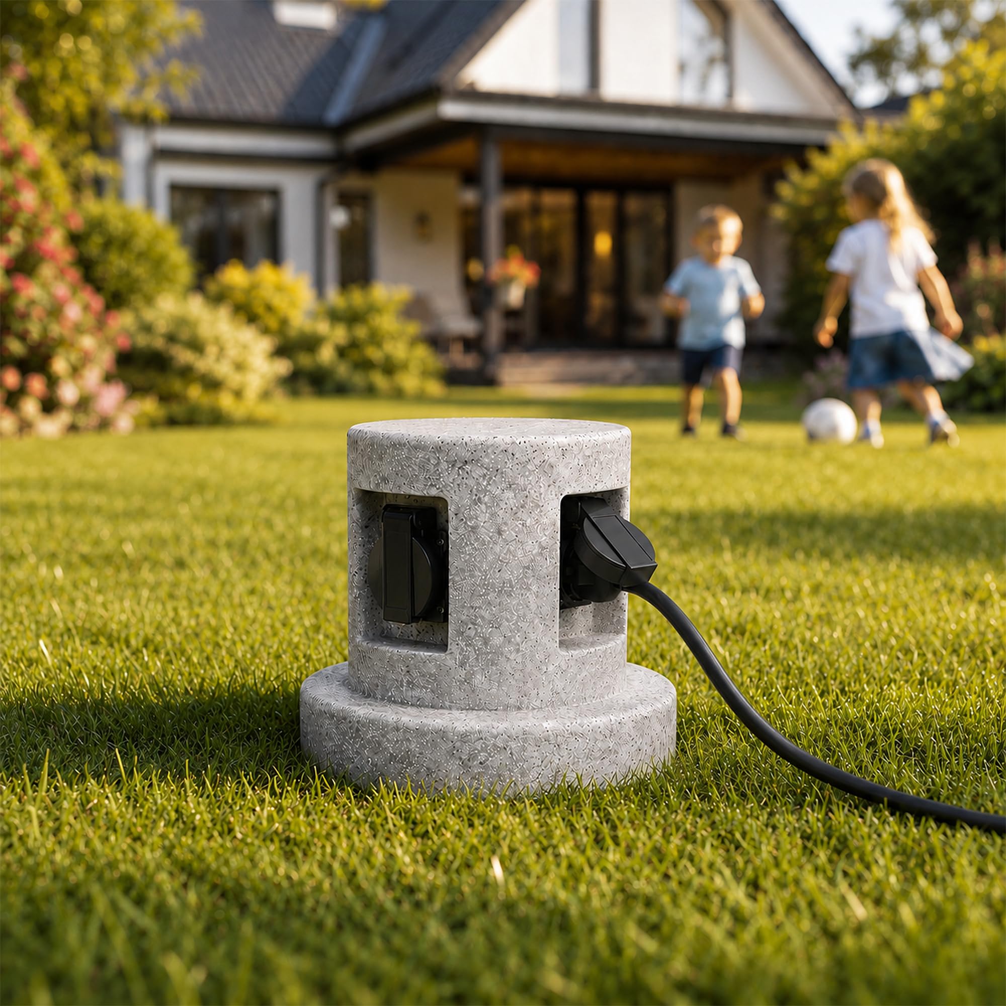 SSC-LUXon BAWI Gartensteckdose Steinoptik mit 4 Steckdosen - Outdoor Mehrfachsteckdose 4-fach IP44 - Außensteckdose Garten Granitoptik