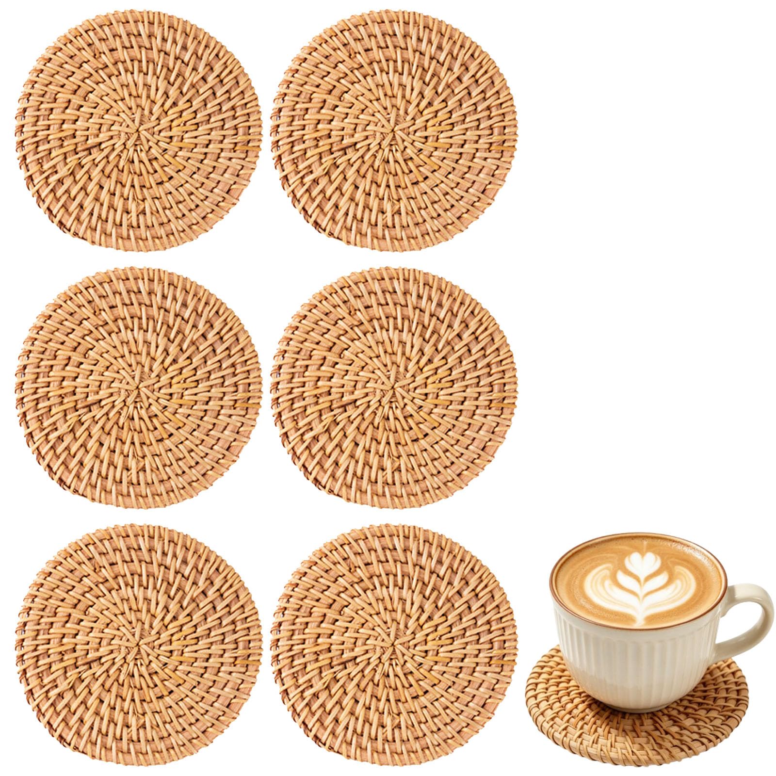 Woven Coasters Set of 6, Heat Resistant Drink Mats for Dining Tables and Home Decor, 10cm Diameter with Textured Surface for Rustic Style Protection