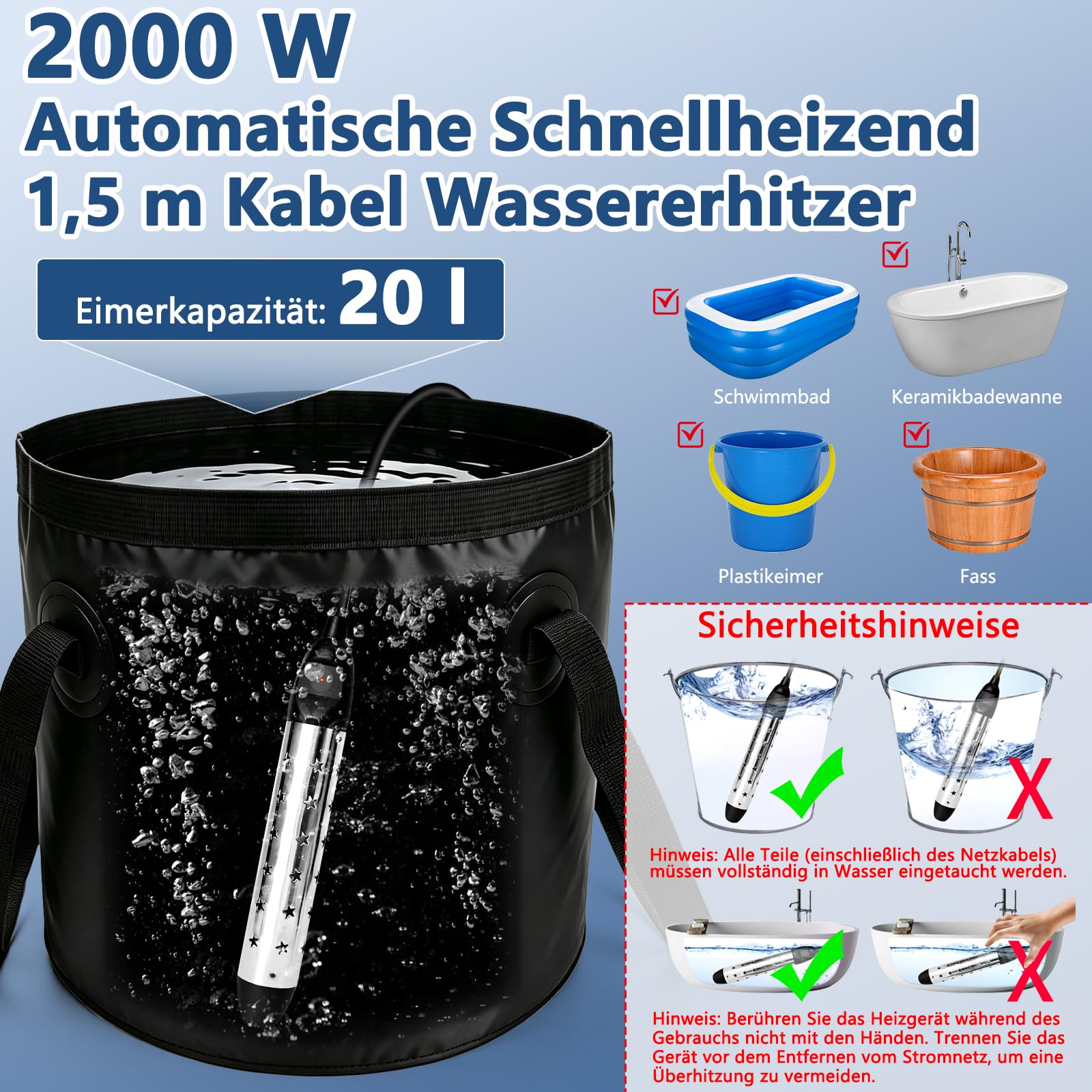 Ducha Portatil Agua Caliente 6000 mAh, Ducha Portatil Camping | con Función de Calefacción y Cubo Plegable de 20 L, Batería de Ducha de Camping con Indicador de Temperatura para Viajes al