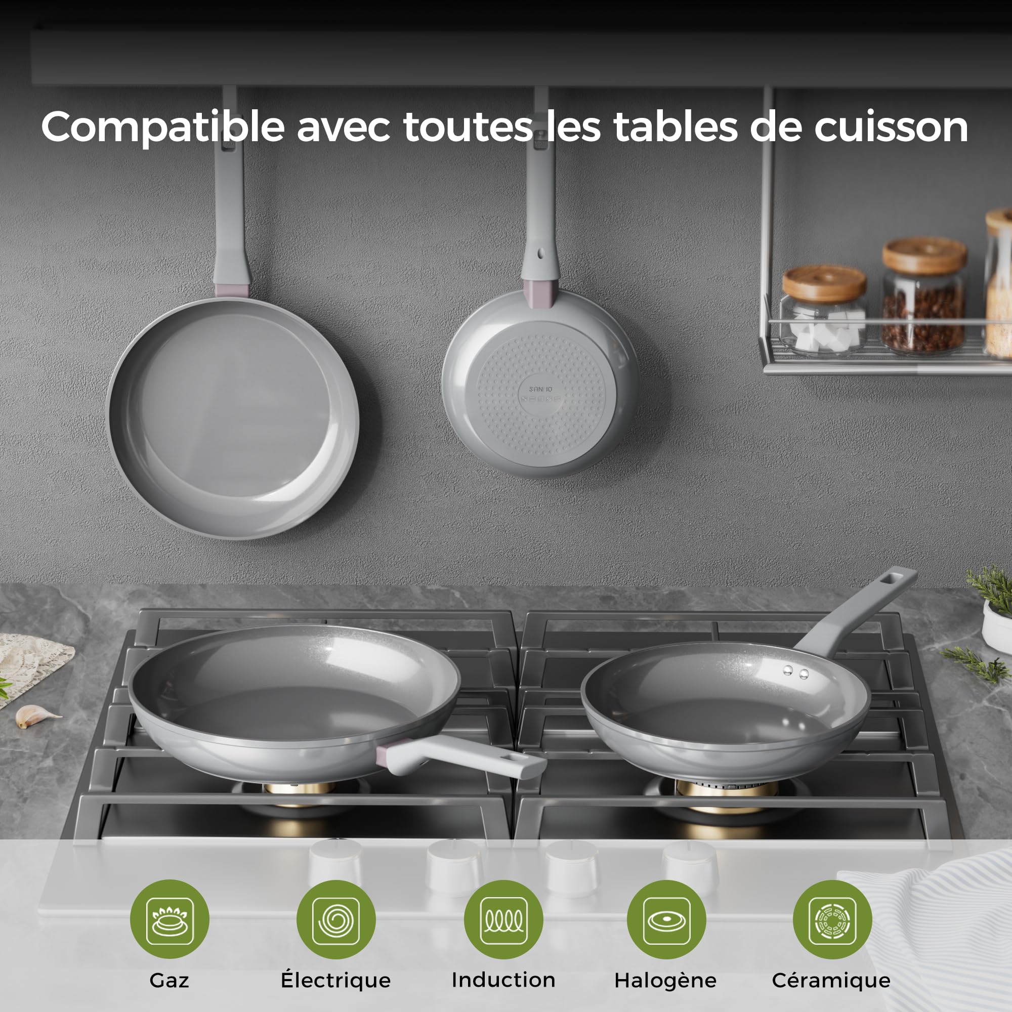 Sanho Set 3 poêles céramique 20/26/30cm | Revêtement diamant+titane antiadhésif | 100% sans PFAS/PFOA/PTFE | Toutes cuisinières | Manche bakélite anti-chaud, lave-vaisselle | Gris