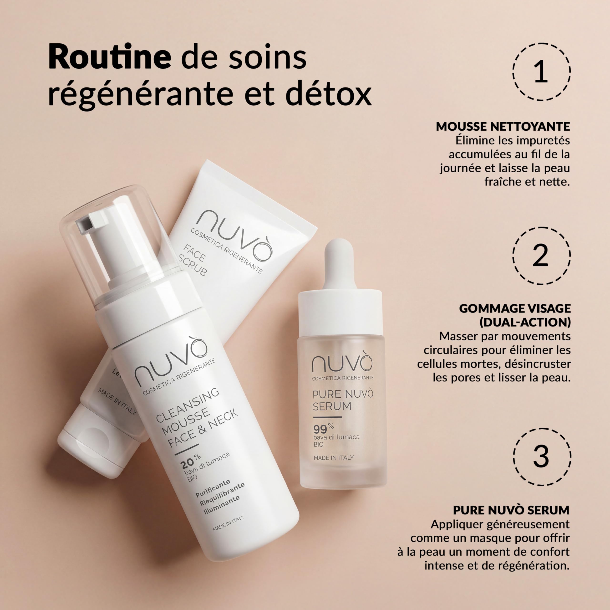 Nuvò – Sérum Visage à la Bave d'Escargot Pure 99%, 30 ml, Apporte Apaisement, Douceur et Hydratation à la Peau, Sérum Hydratant Concentré, Régénérant, pour Homme et Femme, Made in Italy