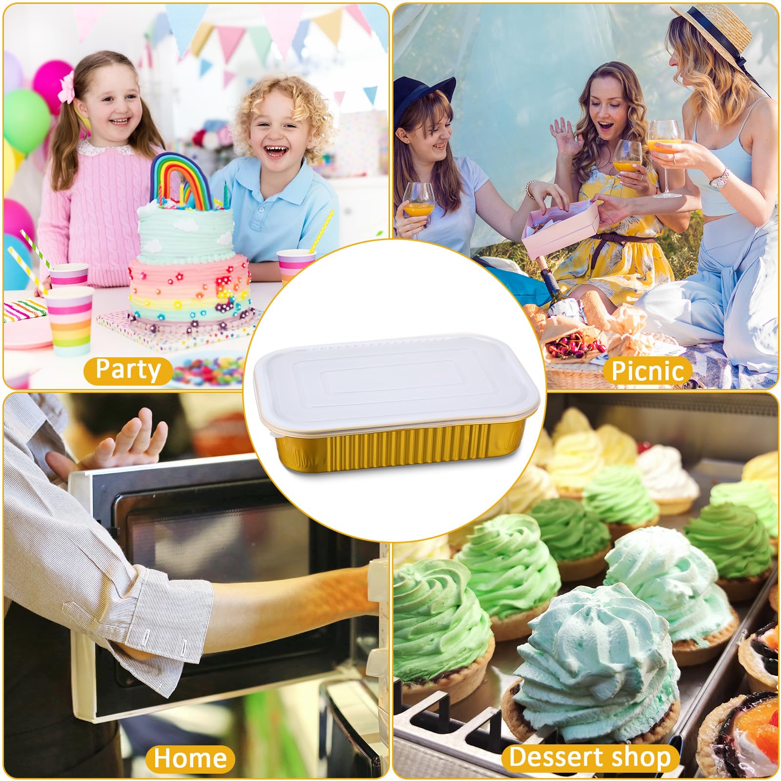 15 sartenes de aluminio dorado con tapas transparentes de 9 x 13 pulgadas, sartenes desechables de aluminio de aluminio, aptas para microondas, horno, calefacción, almacenamiento, barbacoa