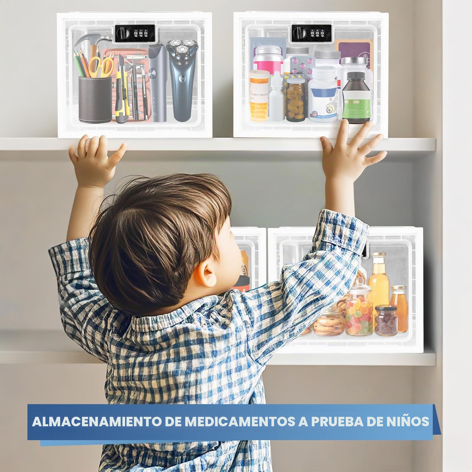 Gemaxvoled Caja de Seguridad con Candado de Combinación – Caja Transparente para Medicamentos, Teléfono & Snacks – Material sin BPA, 12,6 Litros, Apilable y Ventilada