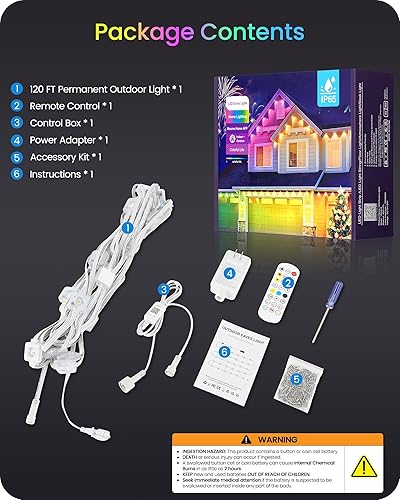 Miniatura 9 de Luces permanentes para exteriores, 120 pies RGB y aleros blancos con 72 luces LED, aplicacióncontrol remoto, IP65 impermeable, cadena de luces de