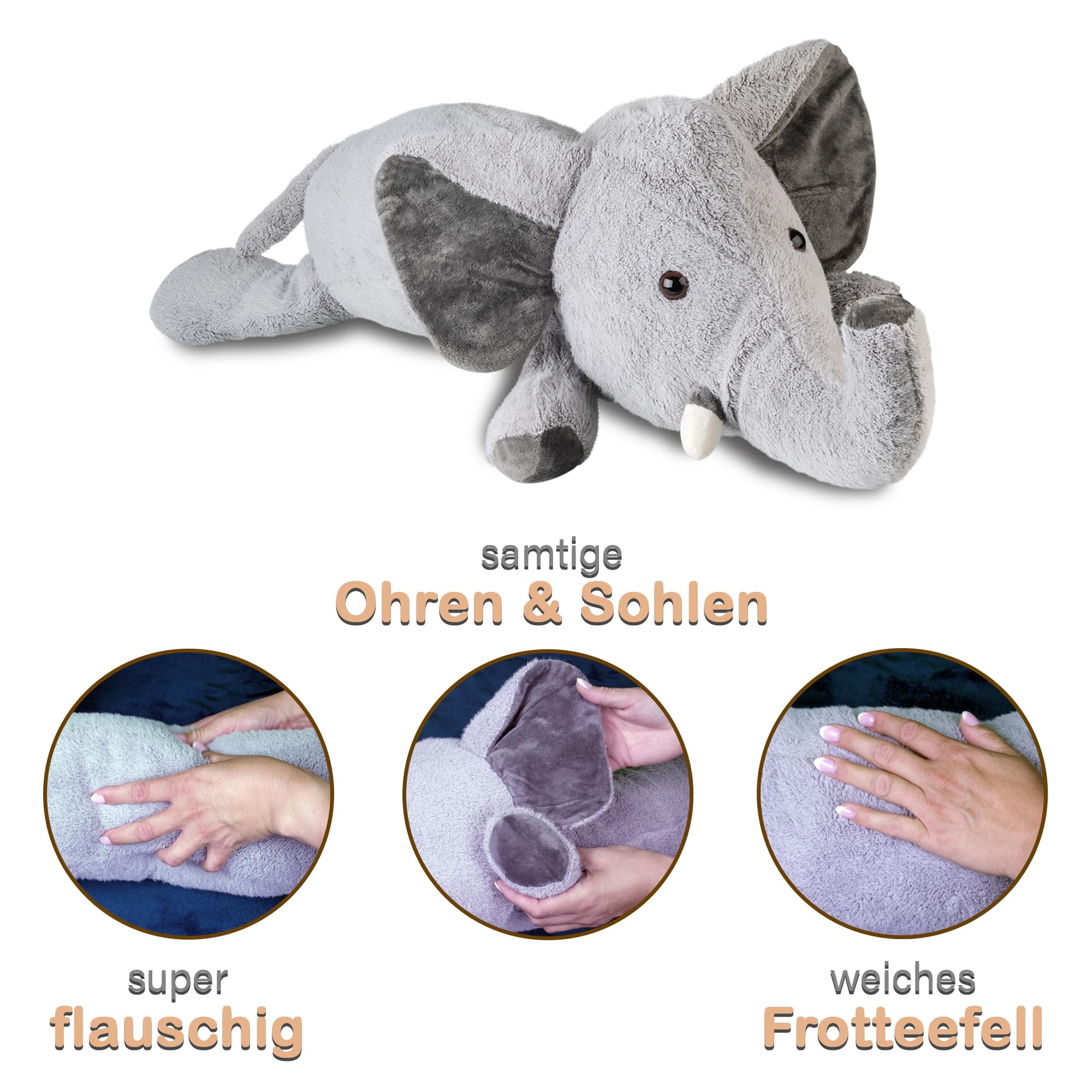 Seitenschläferkissen Elefant für Kinder, Kuschelkissen, Kuscheltier XXL Plüschtier, Stofftier, Schmusekissen, Grau 100cm