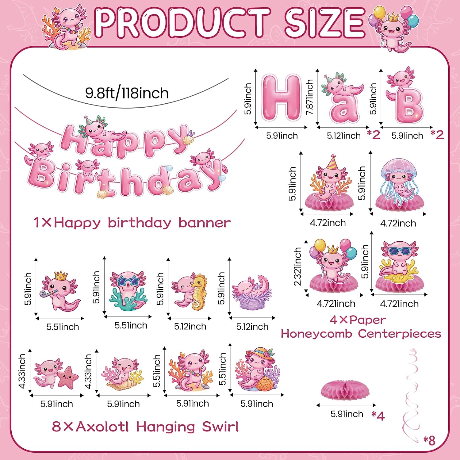 Axolotl Birthday Decorations Party Banners - 22 Pcs Pink Cartoon Animals Banner with Hanging Swirl Centerpieces, Sea Creatures Birthday Party Supplies & Photo Props for Girls Kids